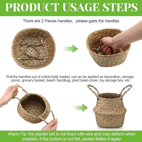 Miniatura 10 de Qunclay 4 cestas tejidas de hierba marina, cesta para el vientre, maceta bohemia natural con asas, maceta redonda decorativa de mimbre grande para