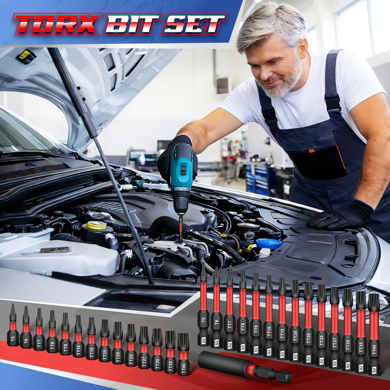 DIYSELF 29 PCS Security Torx Bit Set for Impact Driver T5–TT40 S2 Steel 1" & 2" Security Bits with Magnetic Holder 1/4" Hex Shank Star Bits Star Driver Bit Set for Auto & Electronics Repair