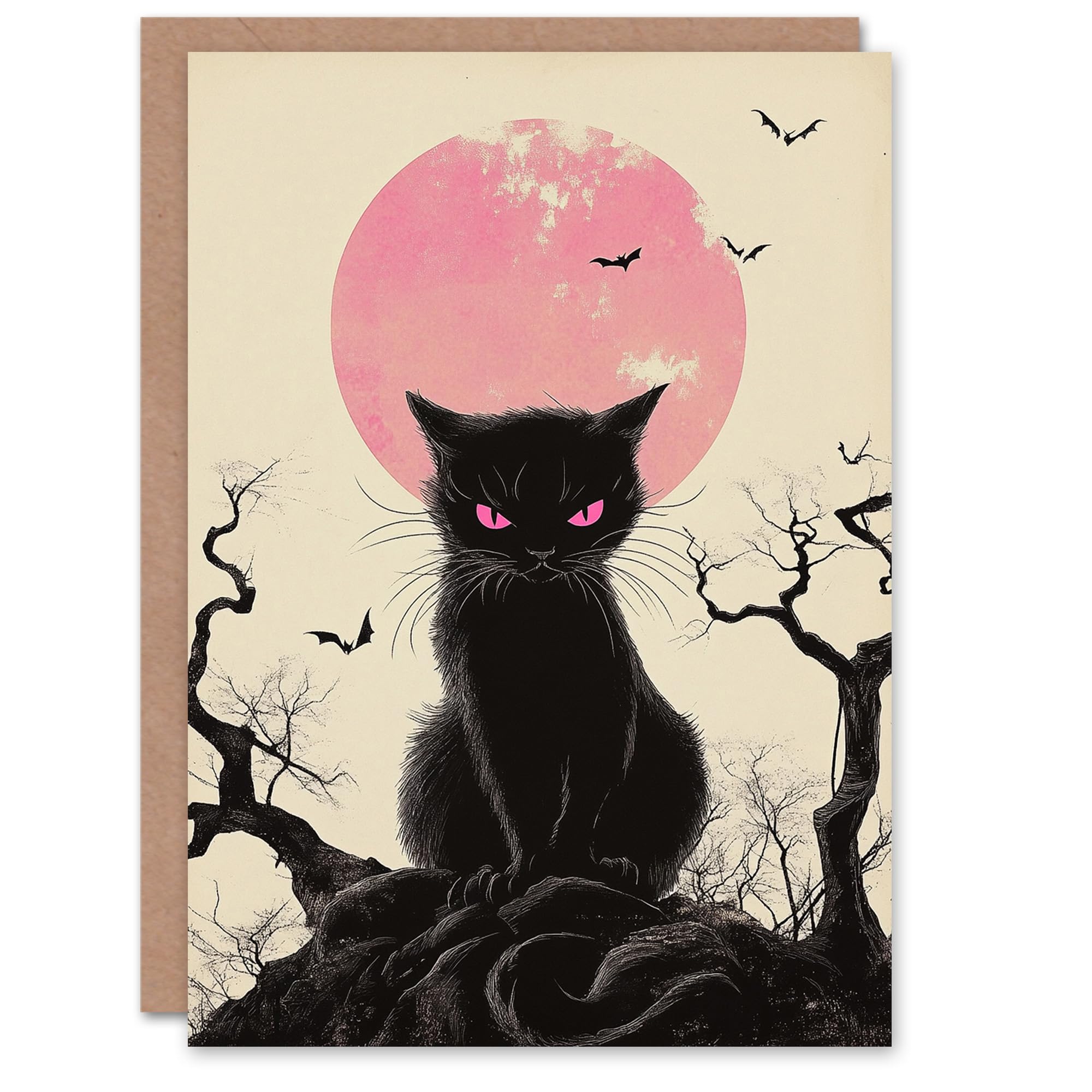 Wee Blue Coo Black Cat Scowl Full Moon Bats Trick or Treat Haunted Scary Halloween Card Blank For All