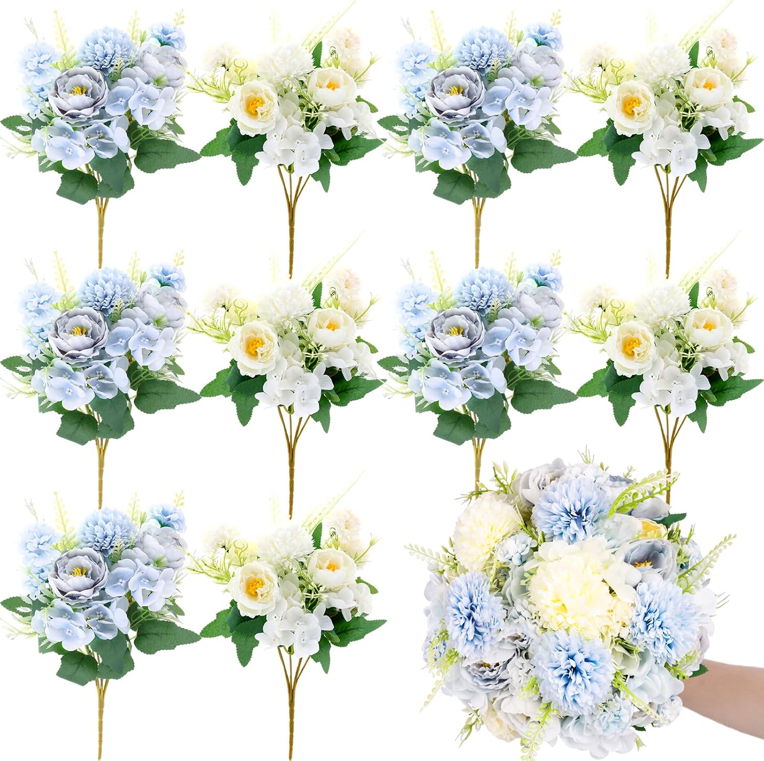 Olgaa 12 Bundles Peonies Artificial Flowers Silk Flowers Fake Peony Bouquet Faux Peonies Flowers Bulk for Wedding Decor Centerpiece Table Decorations (Blue White)