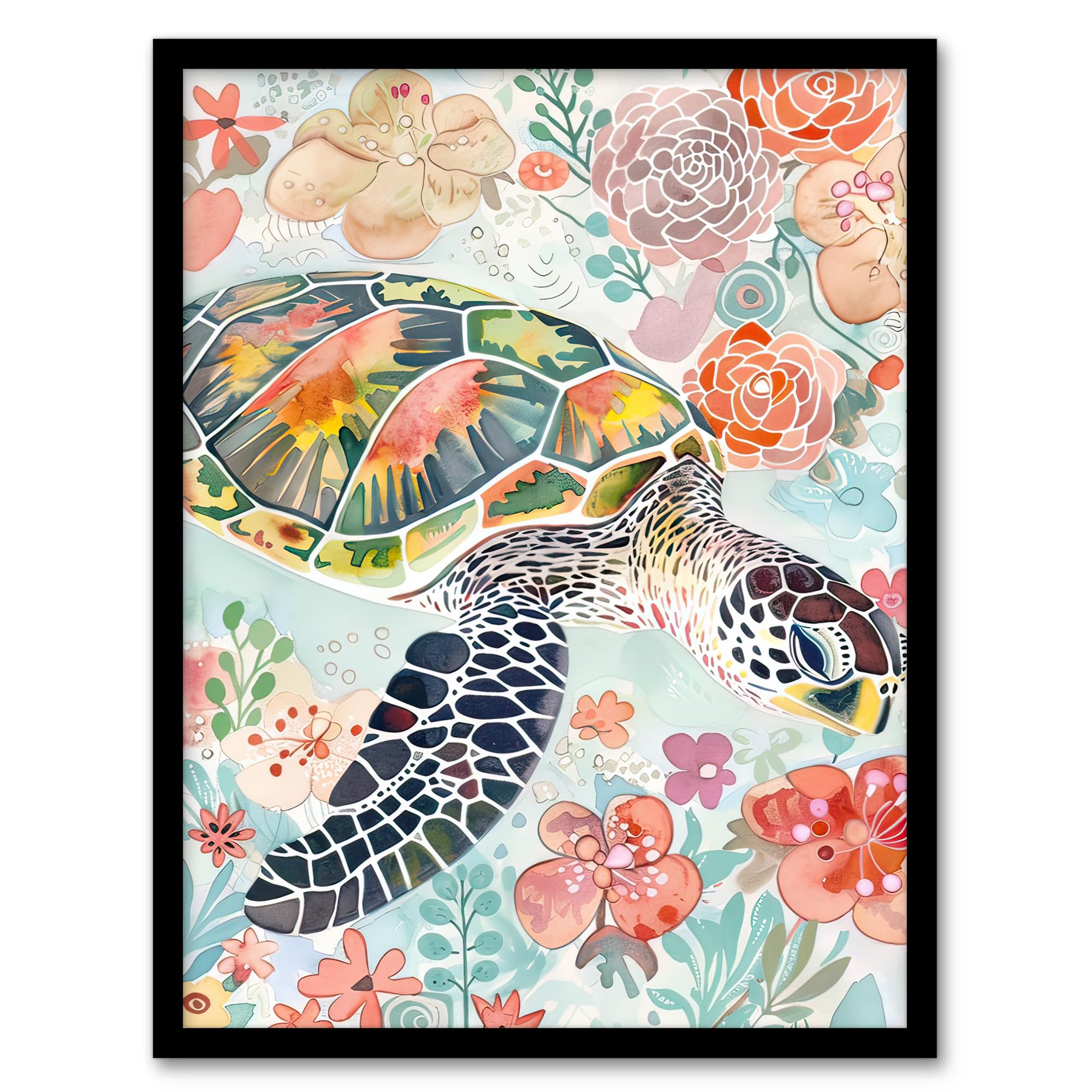Artery8 Colourful Sea Turtle Marine Flowers Watercolour Bathroom Toilet Artwork Framed Wall Art Print A4