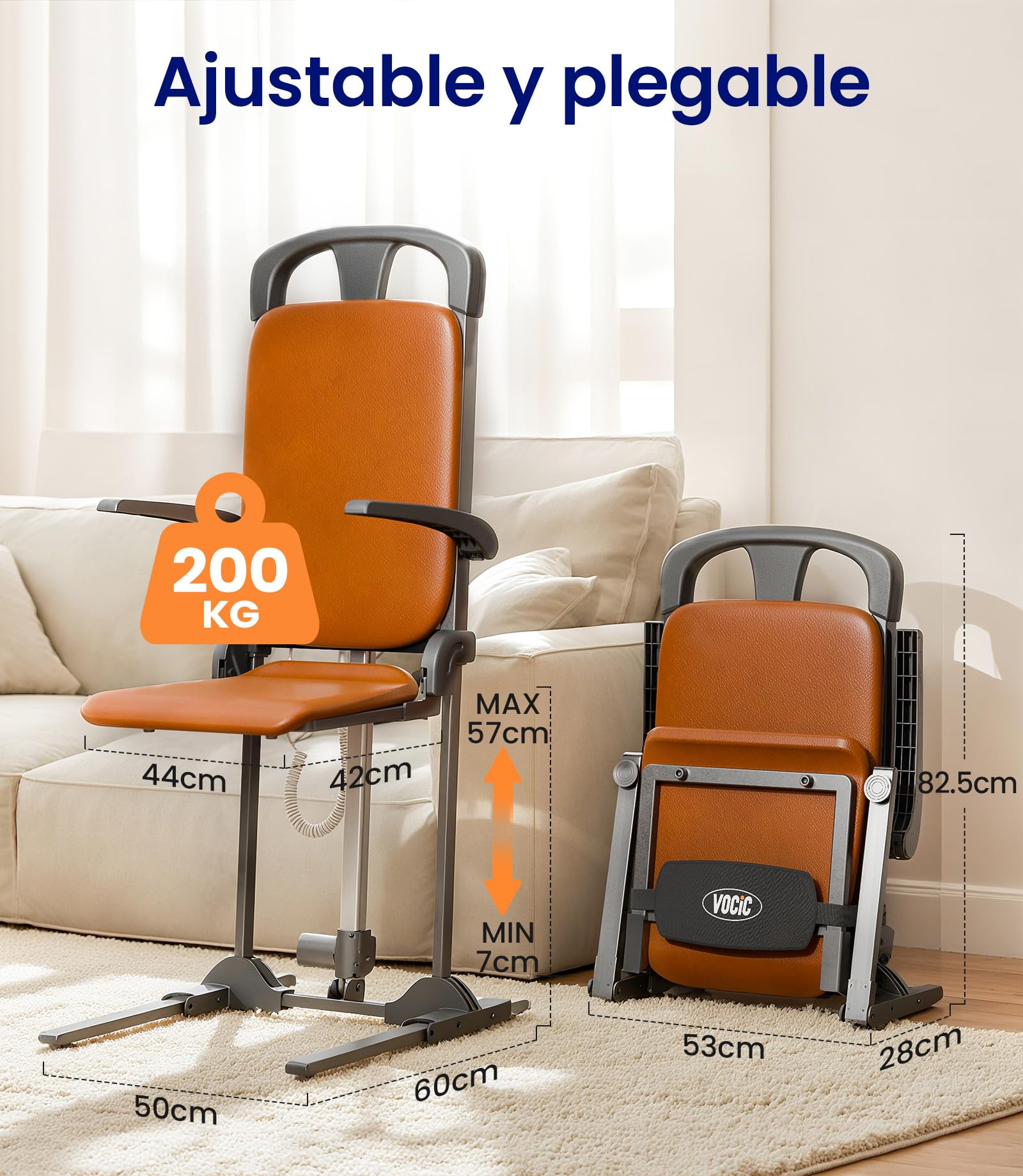 VOCIC Asistente para levantarse para personas mayores, silla de pie eléctrica, marco de acero estable, plegable y portátil, soporta hasta 200 kg, piel sintética de color naranja