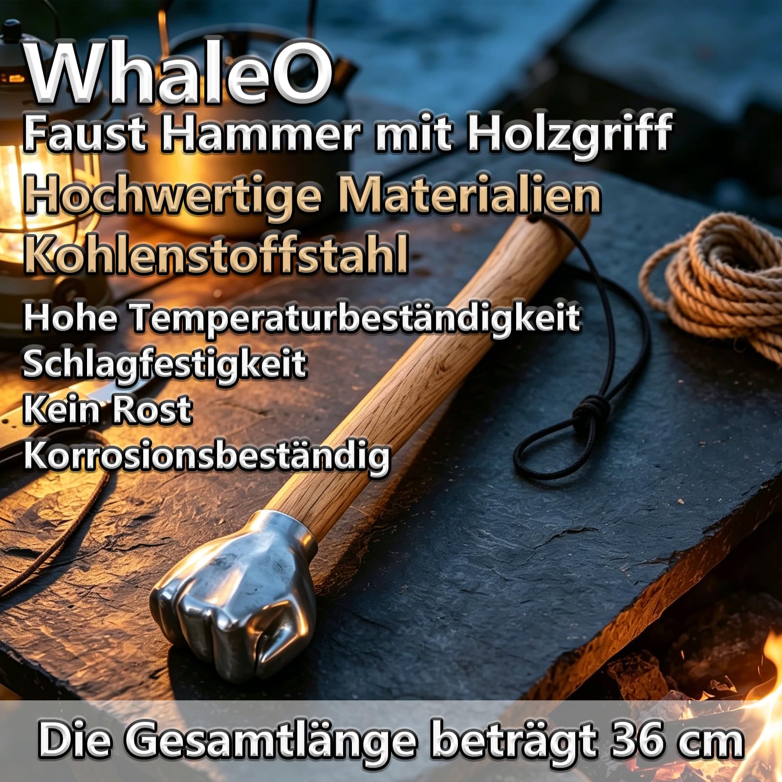 WhaleO Pugno Martello Campeggio, Durevole, Lunghezza 360 mm, 900 g | Ad Alto Carbonio Acciaio Forgiatura, Martello Da Fabbro per Fai Da Te, Artigianato, Campeggio, Casa e Ufficio, Regalo