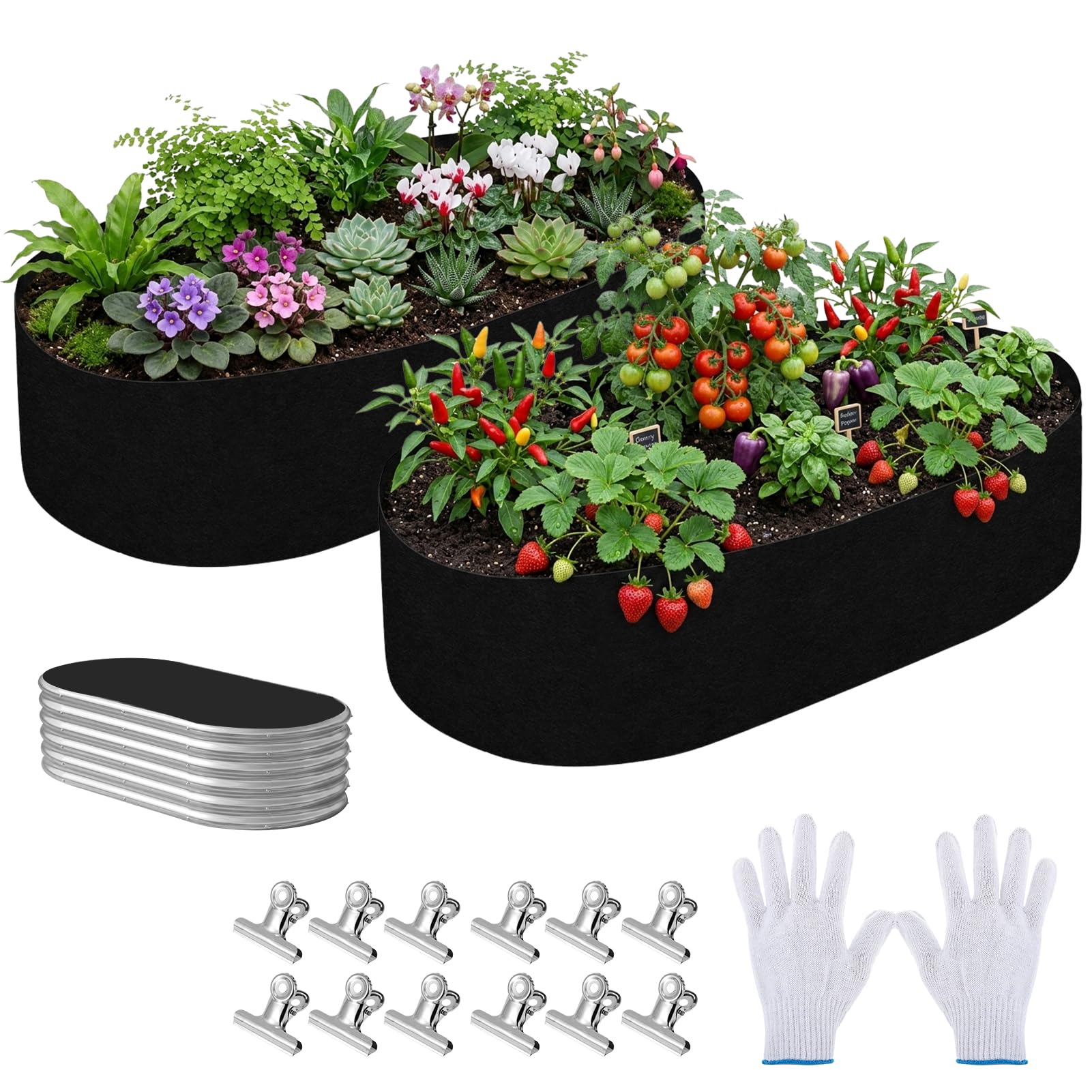 Lot de 2 sacs de revêtement de parterre de jardin surélevés, ovales et respirants, 1,2 x 0,6 x 0,3 m, avec clips et gants, sacs de culture pour plantation de légumes, fleurs et herbes