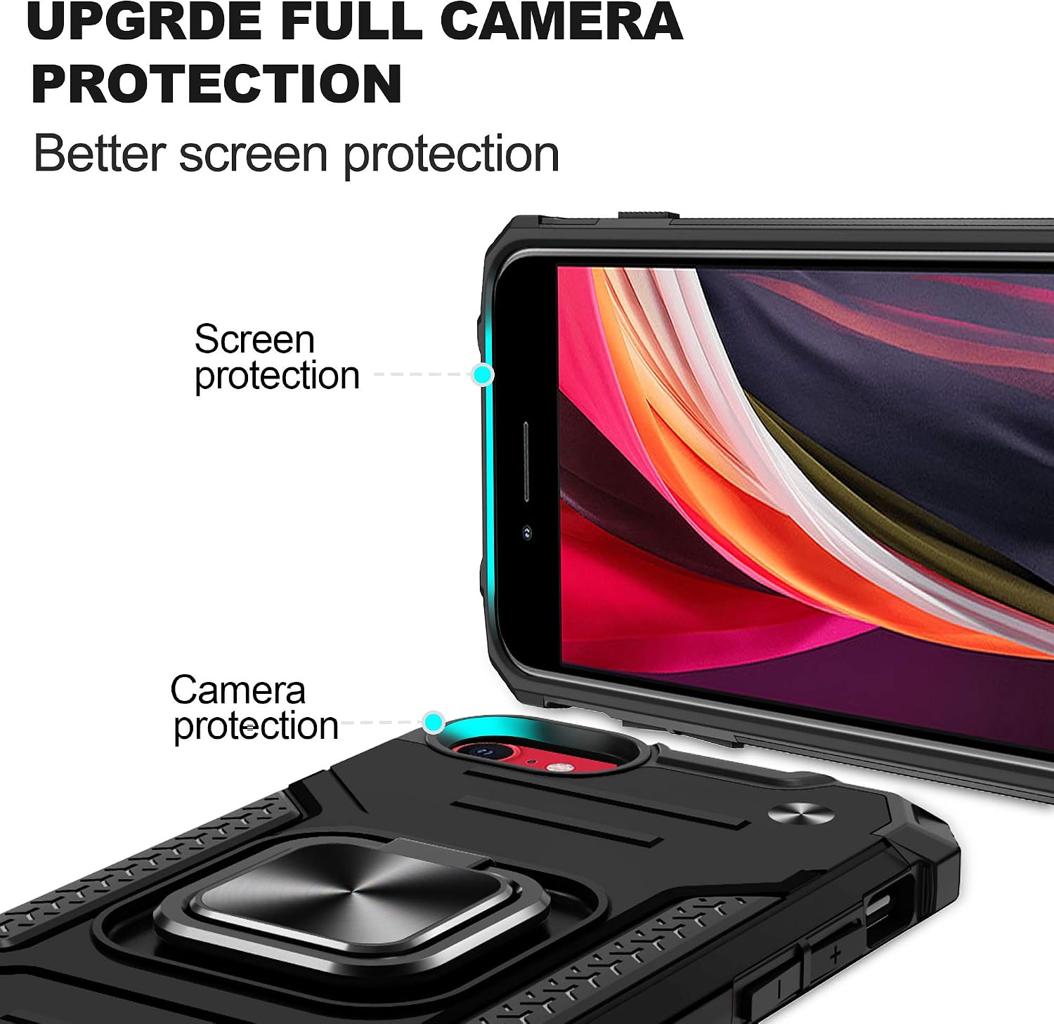iPhone SE 2020 Case, iPhone 8 Phone Case with HD Screen Protector, Atump 360° Rotation Ring Kickstand [Military Grade] Dual Layer Shock Absorption Protective Cover for iPhone 6/6s/7, Black