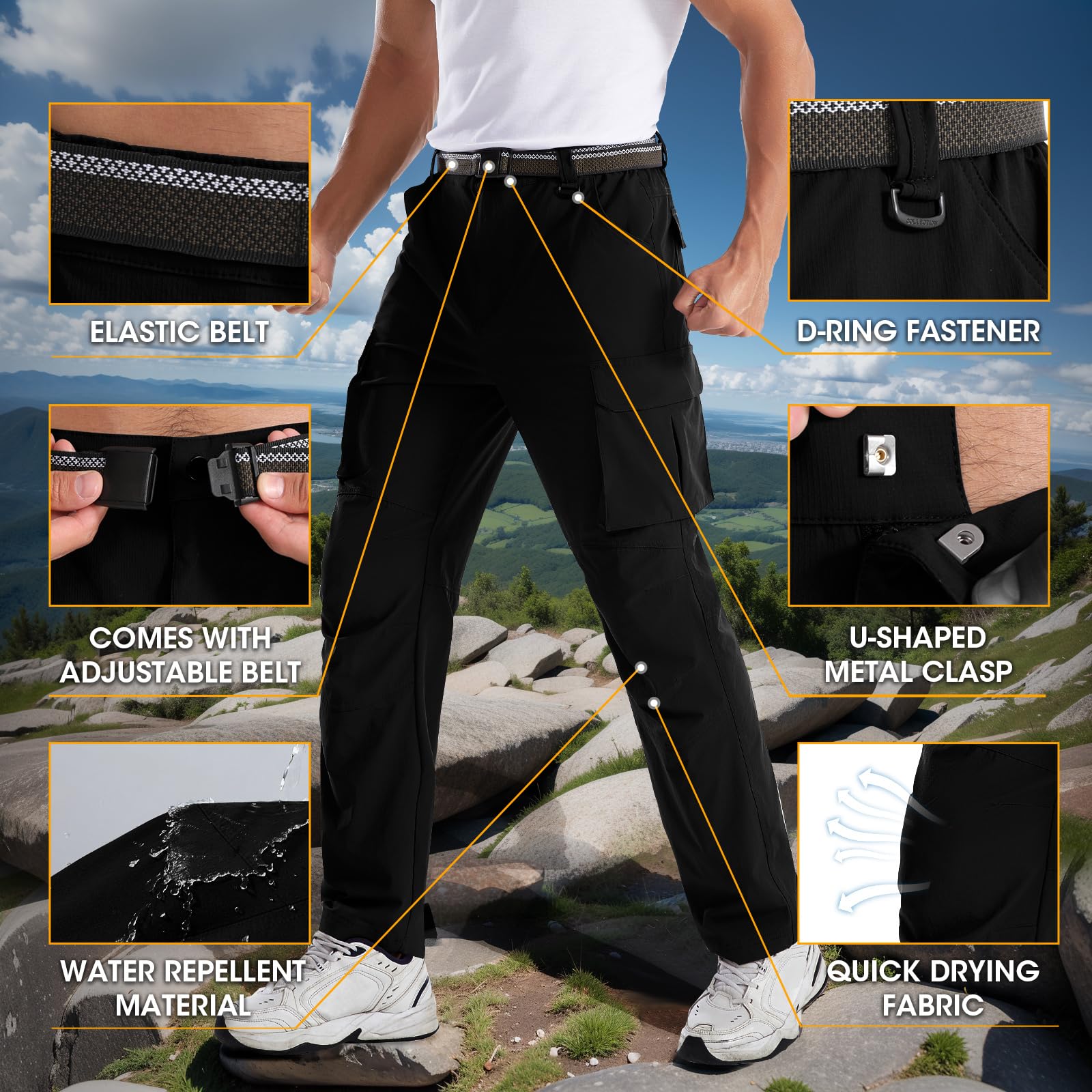 BondiTrekk Men's Quick-Dry Cargo Pants, Lightweight Hiking Pants, Travel Pants with Belt Pockets for Outdoor Camping Work Black - image 6