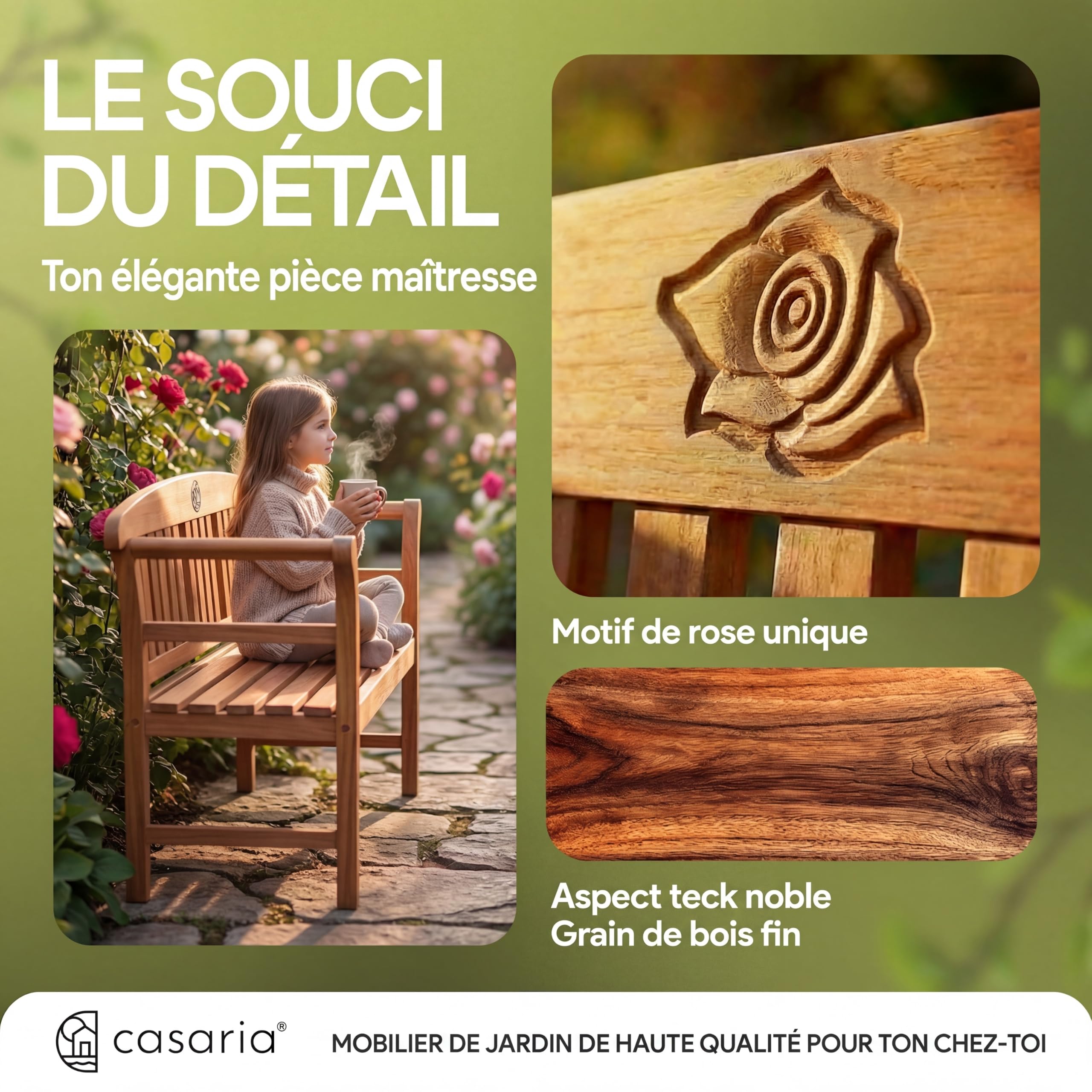 Casaria Banc de Jardin en Bois d'Eucalyptus Certifié FSC - Gravure de Rose