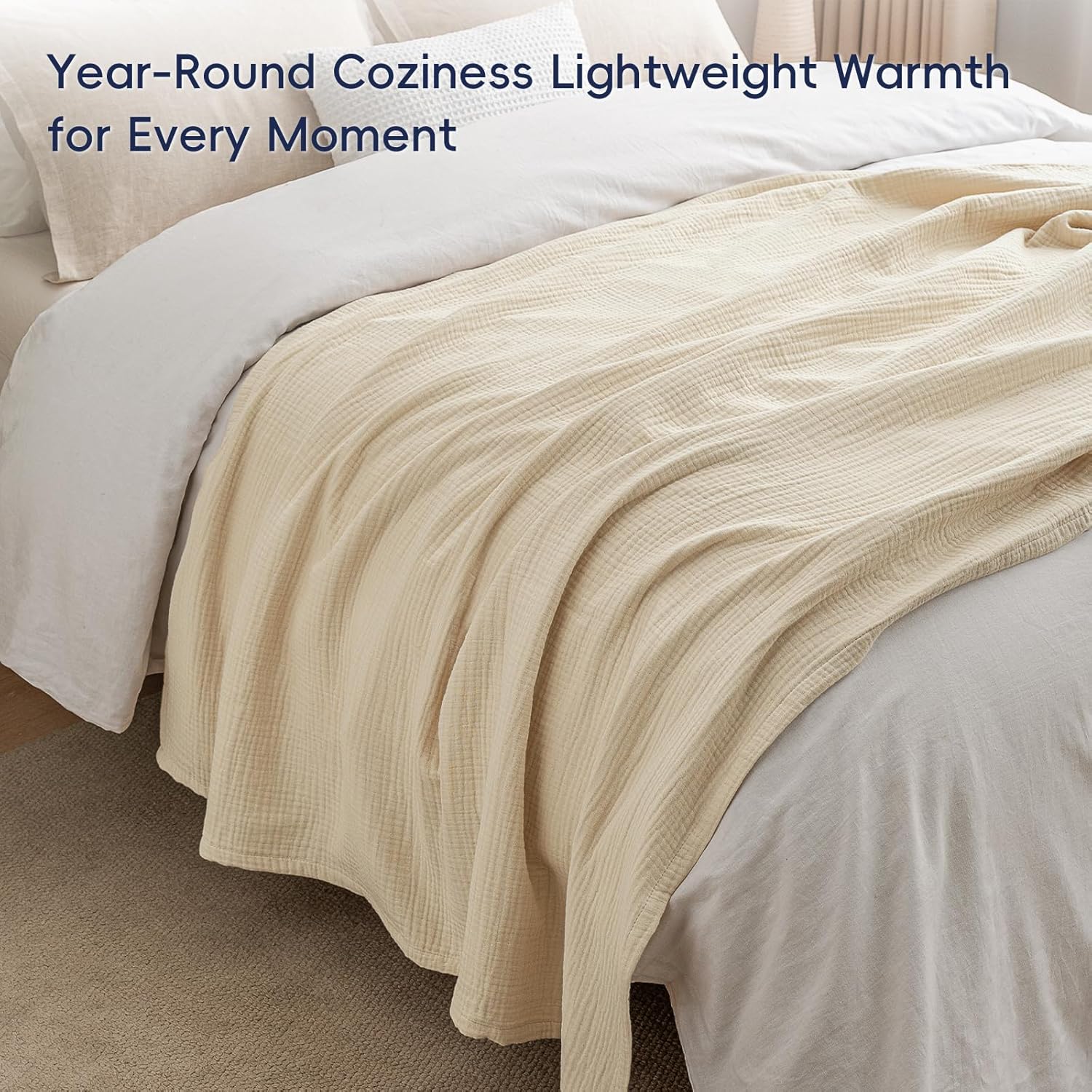PHF 100% Cotton Muslin Throw Blanket 50" x 60", 4-Layer Lightweight Gauze Throw, Breathable Cloud-Soft Minimalist Blanket for Bed, Couch, Camping & Baby, Beige/Short Bread, Ideal Gift - Image 5