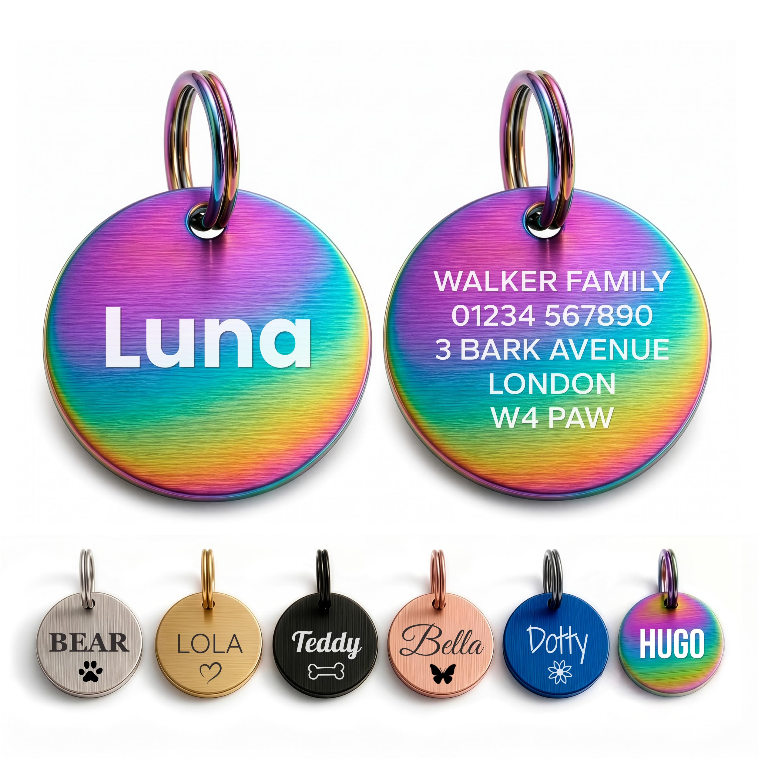 The Stately Hound Dog Tags for Pets Engraved UK, Multicolour Round, Small — image 1