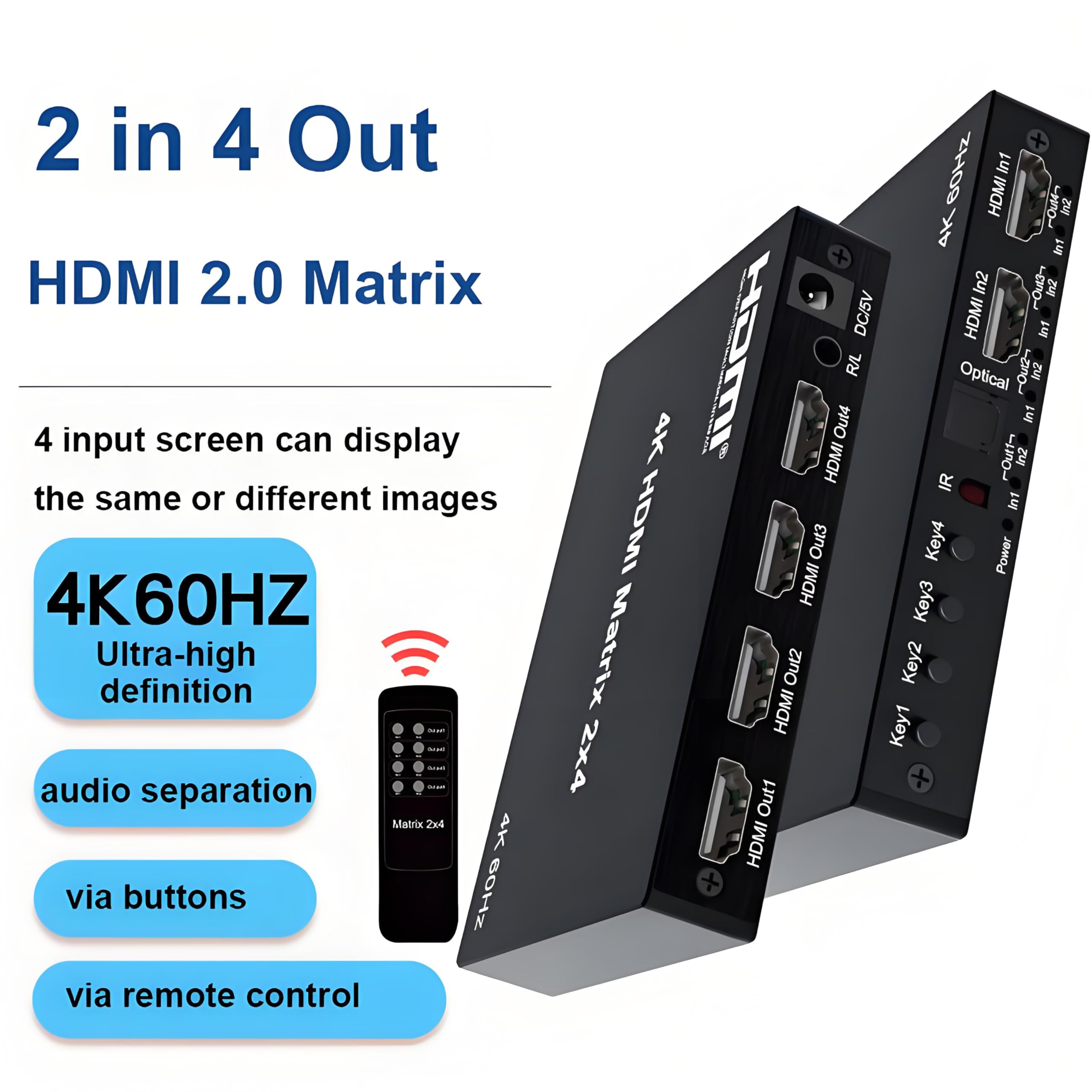 Interruptor de matriz HDMI 4K 2x4 con extractor de audio estéreo de 3,5 mm y salida óptica de audio, conmutador y divisor de video de 2 en 4 salidas, compatible con HDMI 2.0 4K a 60Hz