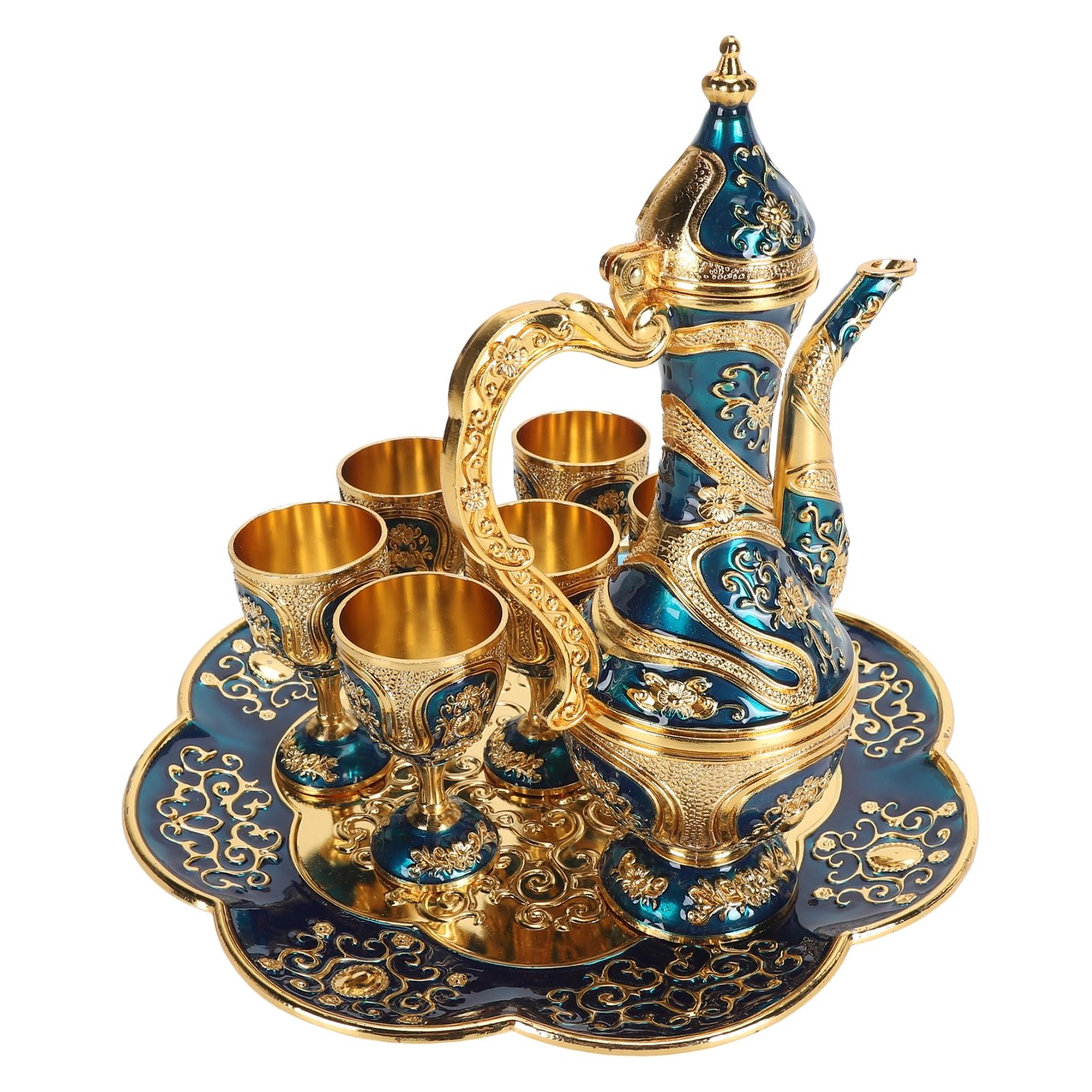 CHICIRIS Türkisches Vintage-Teeservice mit Elegantem Design für Partys und Hochzeiten, Zinklegierungsmaterial – 1 Kanne, 6 Tassen, Tablett (Goldblau)