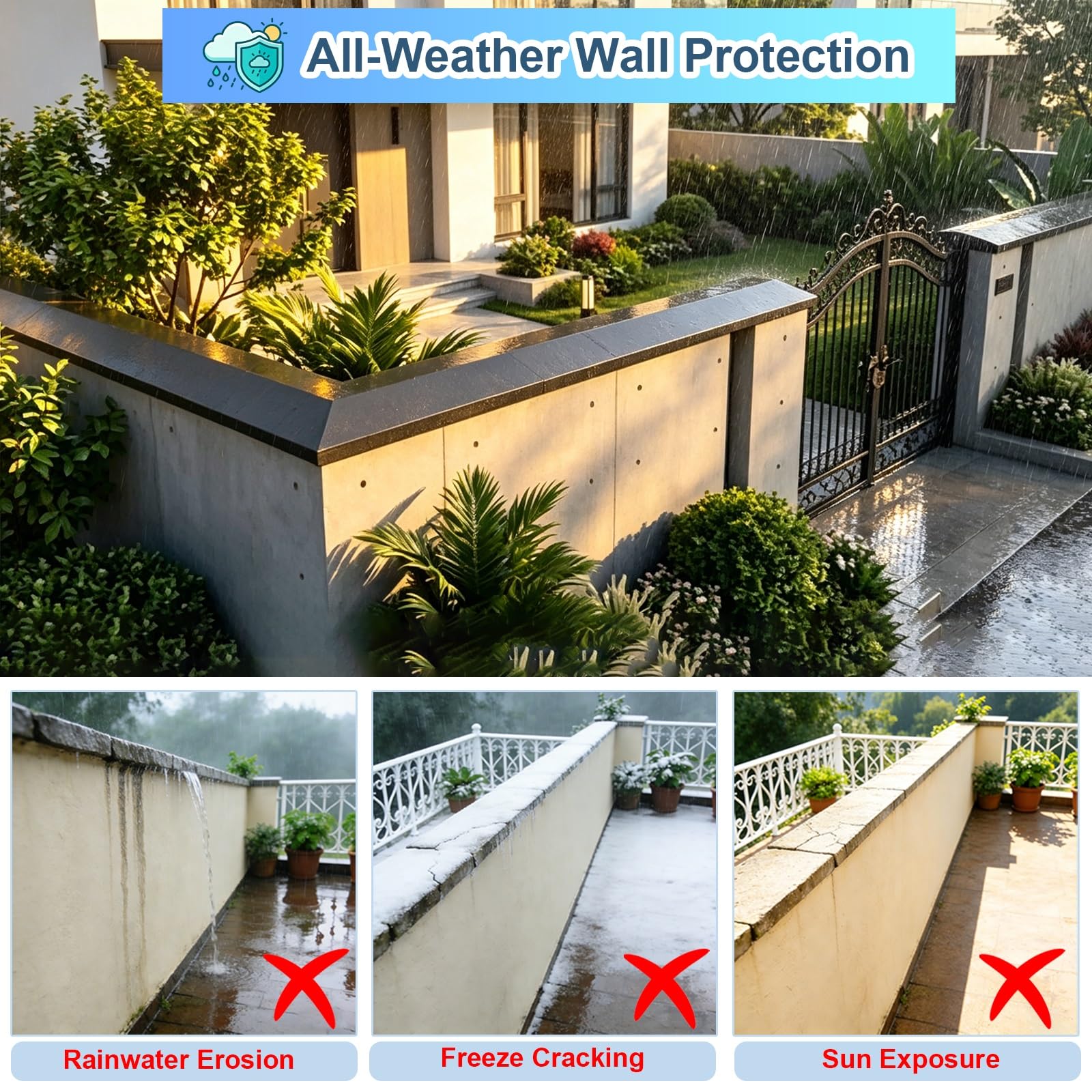 Regenschutz for Brüstungswände aus Aluminium – zuschneidbare Akzentkappe for die Gartenmauer mit LED-Lichtleistenkanälen – langlebig, wetterbeständig(268-316mm,3.1ft)