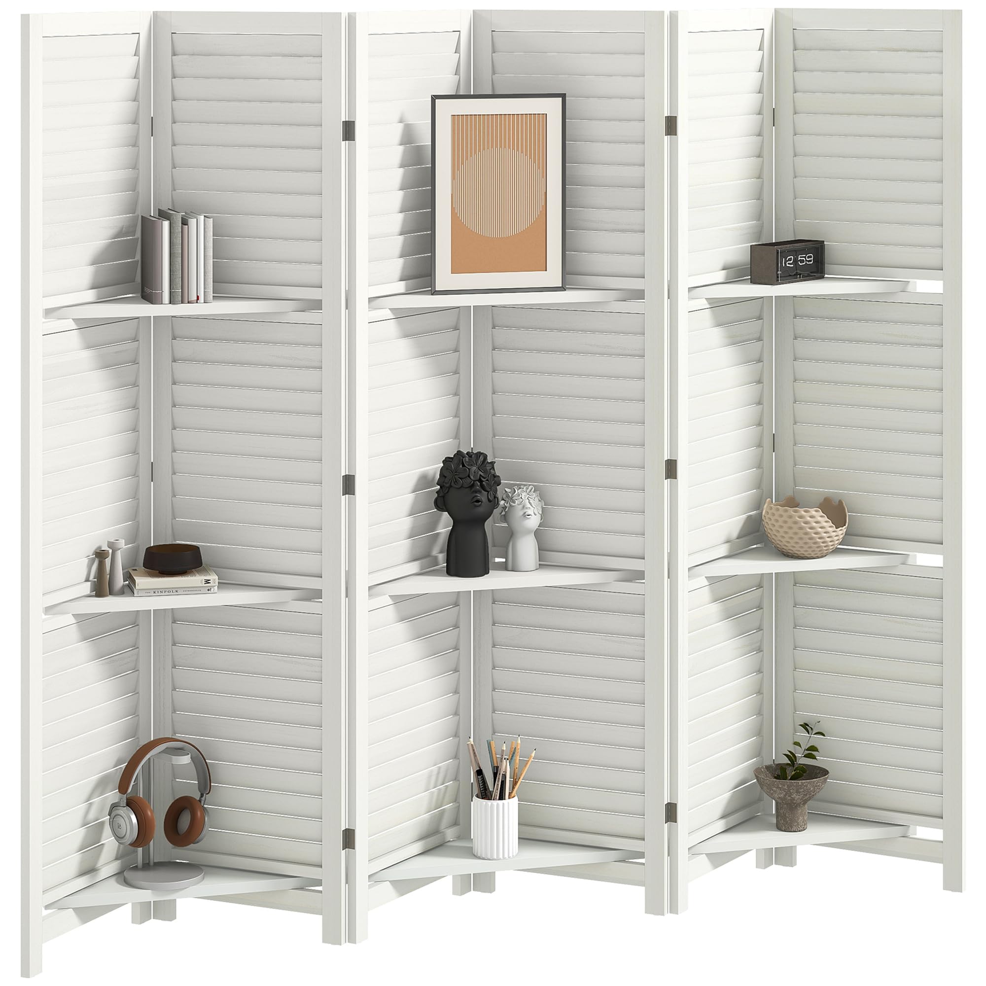 homcom room divider, 6 panel 67" tall wood privacy screen with 3 display shelves, and folding storage for bedroom or home office, white