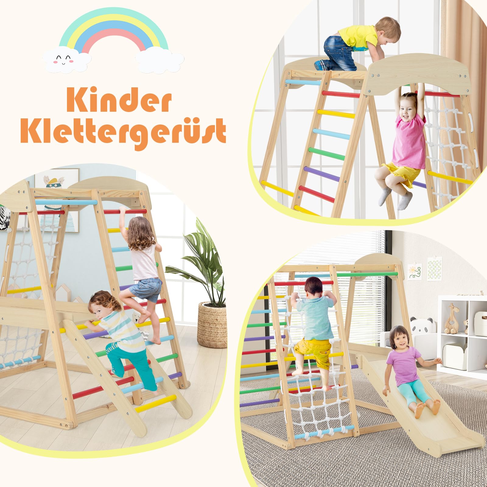 GOPLUS Kinder Klettergerüst, Kletterspielzeug Set mit Kletterleiter & Rutsche & Kletternetz & Querstange, vielseitiger Spielturm, Kletterturm Indoor aus Holz für Kinder ab 1 Jahr (Bunt)