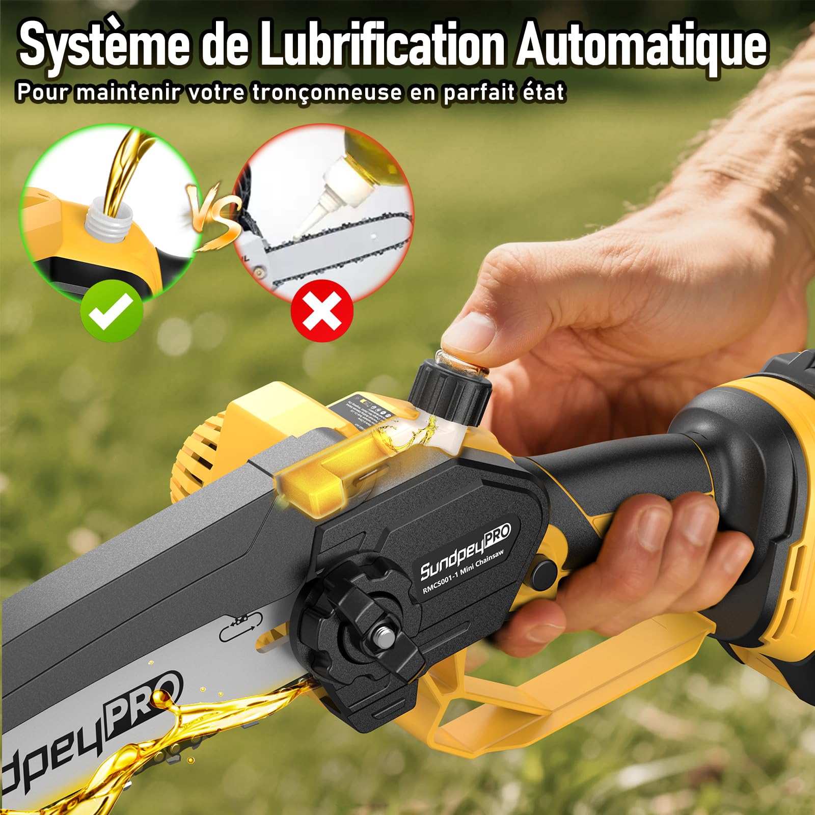 8 & 6 Pouces Mini Tronconneuse a Batterie, 21V Brushless Tronconneuse Electrique sans Fil avec 2×2.0Ah Batteries, Tension de Chaîne sans Outil, Système D'huile, pour le Jardinage