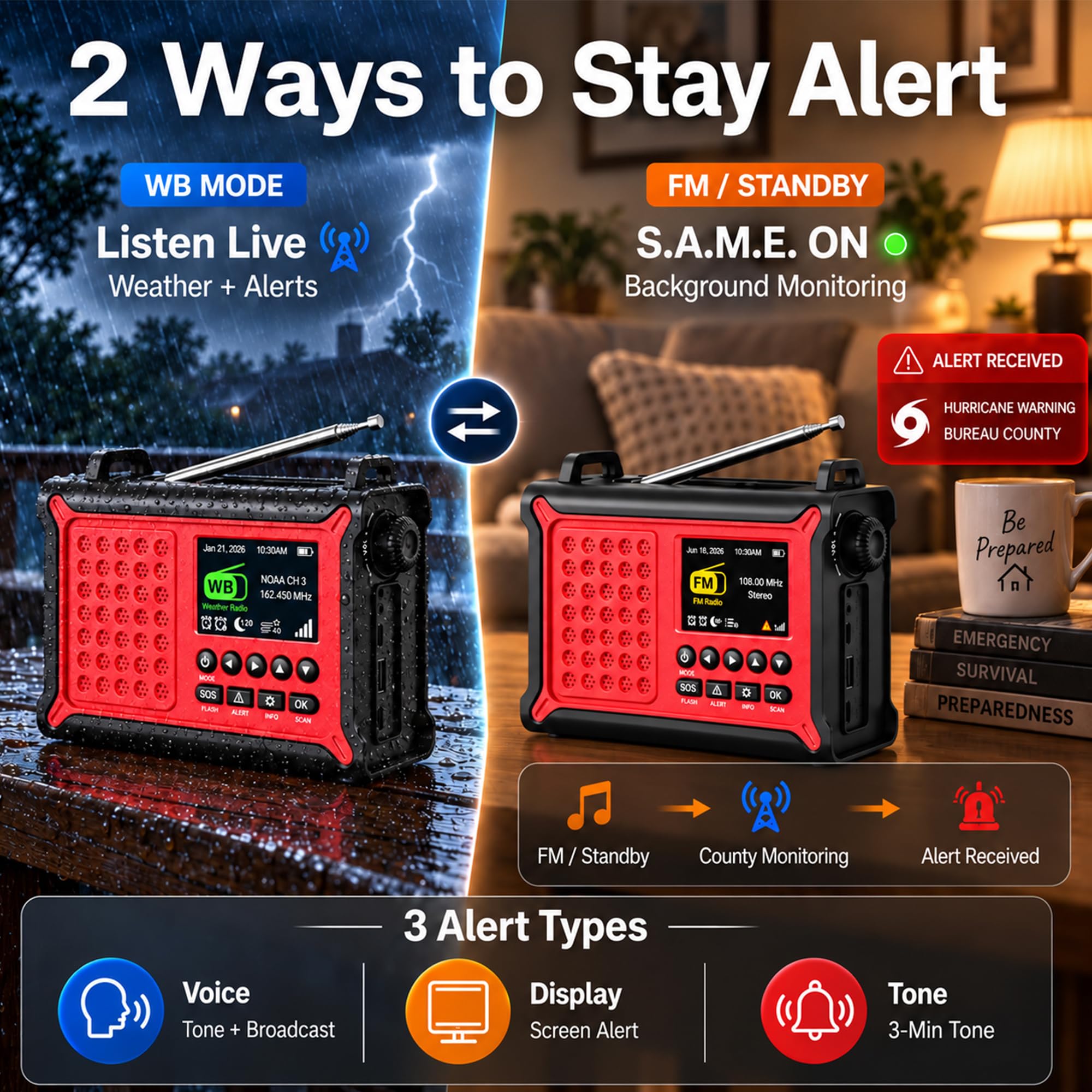NOAA Emergency Weather Alert Radio, 12000mAh manovella solare con S.A.M.E.
