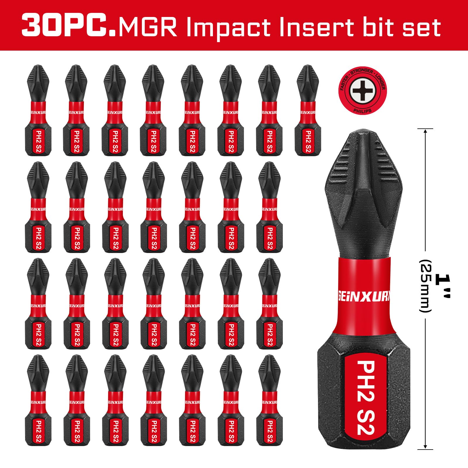 Geinxurn Juego de 30 puntas magnéticas #2 Phillips de 1 pulgada. Puntas de destornillador hexagonales antideslizantes, vástago hexagonal de 1/4 pulgadas resistente a impactos PH2 juego de puntas de