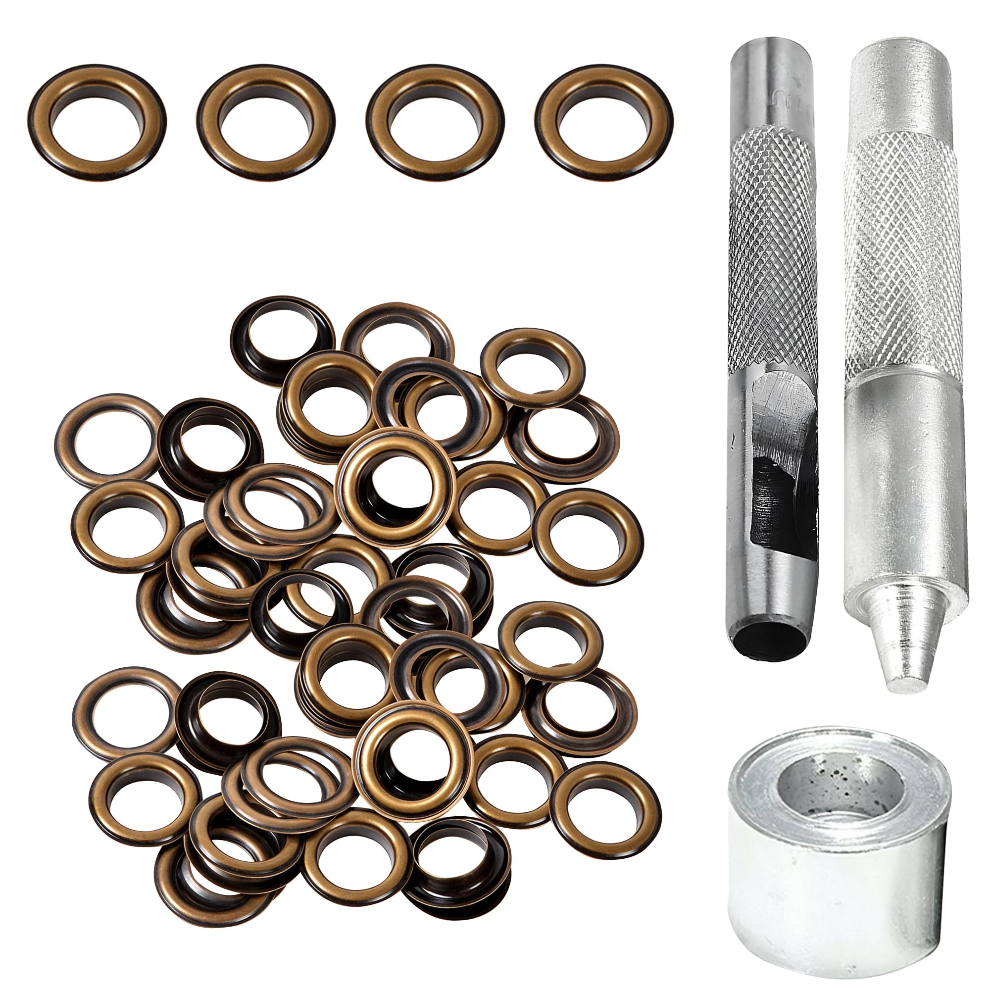 Trimming Shop 100 Set 20mm Ojales con 3 Ojales Herramienta de Ajuste Ojales Perforadora Kit para Bricolaje Artesanía en Piel, Lona, Vinilo Banderas,Piscina Cubiertas,Bronce