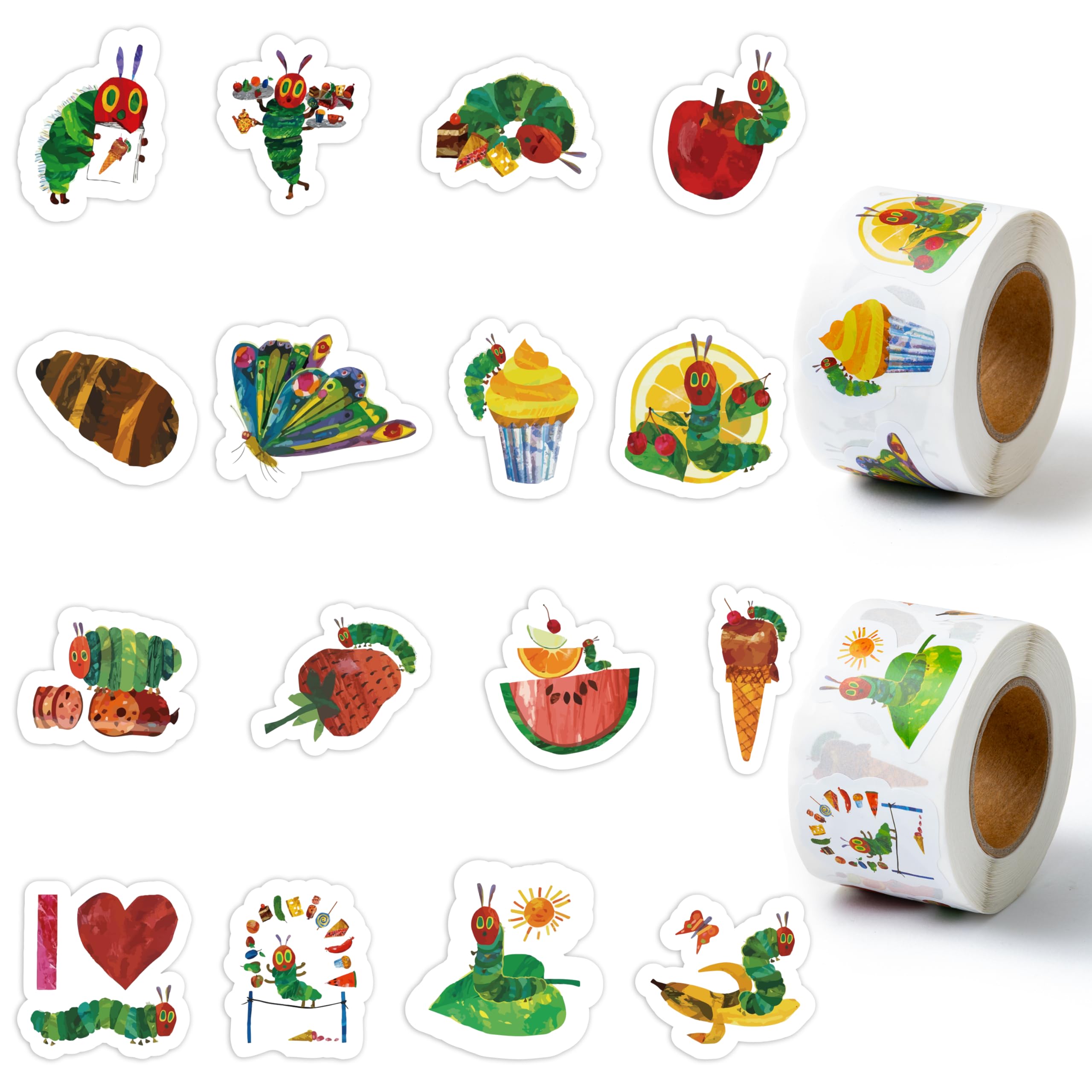 Andi Cppss Hungry Insects Roll Stickers - 1000PCS Cartoon Very Hungry Little Green Caterpillar Stickers in 2 Rolls, Colorful Nature Apple Butterfly Bugs Animal Stickers for Kids, School Prizes Rewards