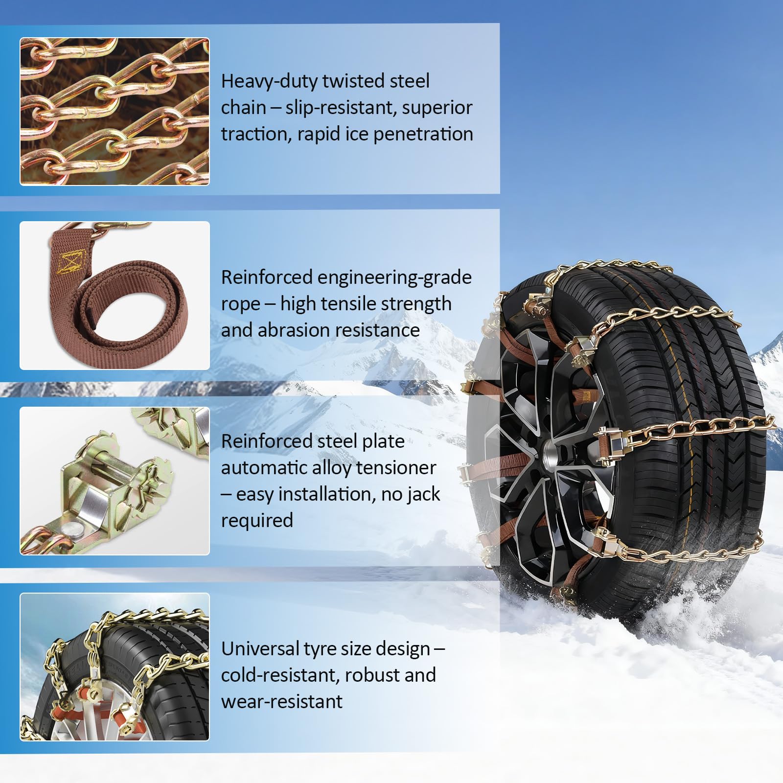 Cadenas Coche Nieve, Cadenas de Nieve para Coche 10 Piezas, Cadenas Nieve Universales Emergencia para Vehículos Coches SUV Tamaño del Neumático 165-265 mm, Snow Chains - Máximo Agarre y Montaje Fácil