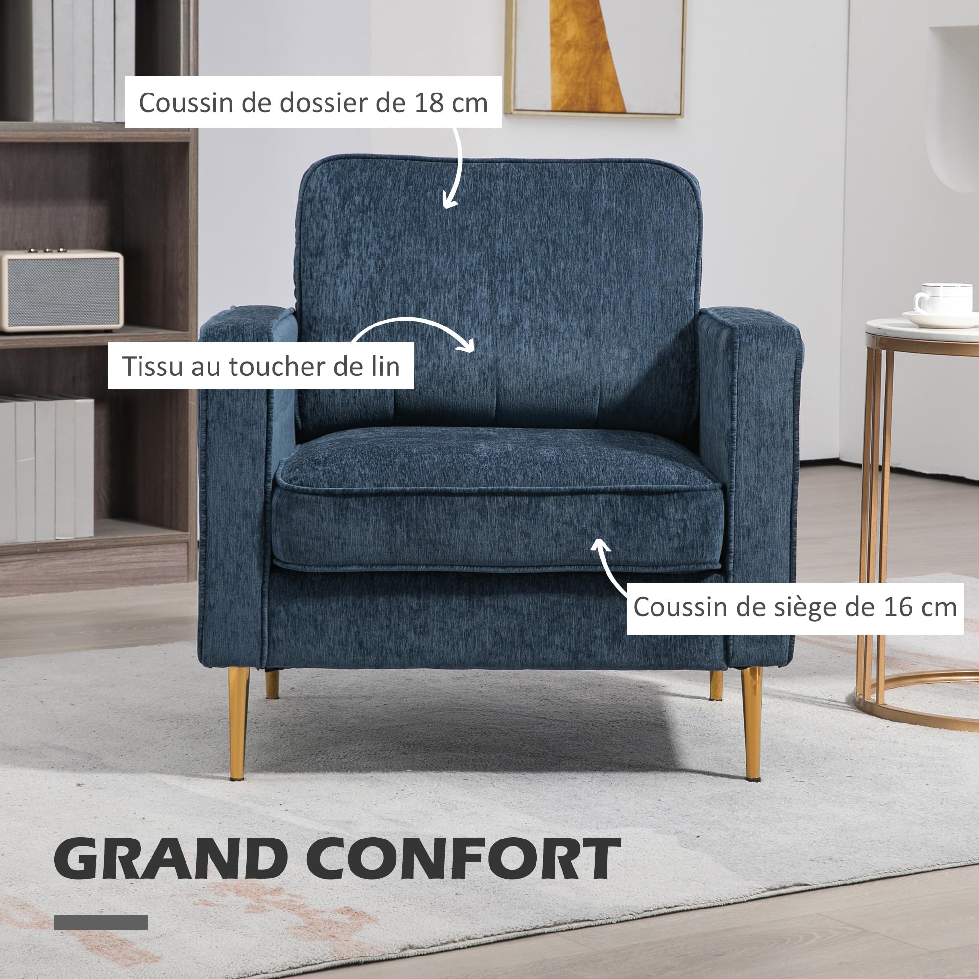 HOMCOM Canapé 1 Place avec Pieds en Acier Doré Grand Confort Salon Bleu