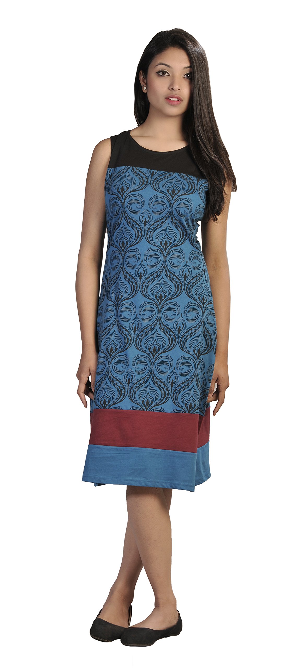 Ladies Summer Sleeveless Dress with Damask Pattern Print and Patch Design