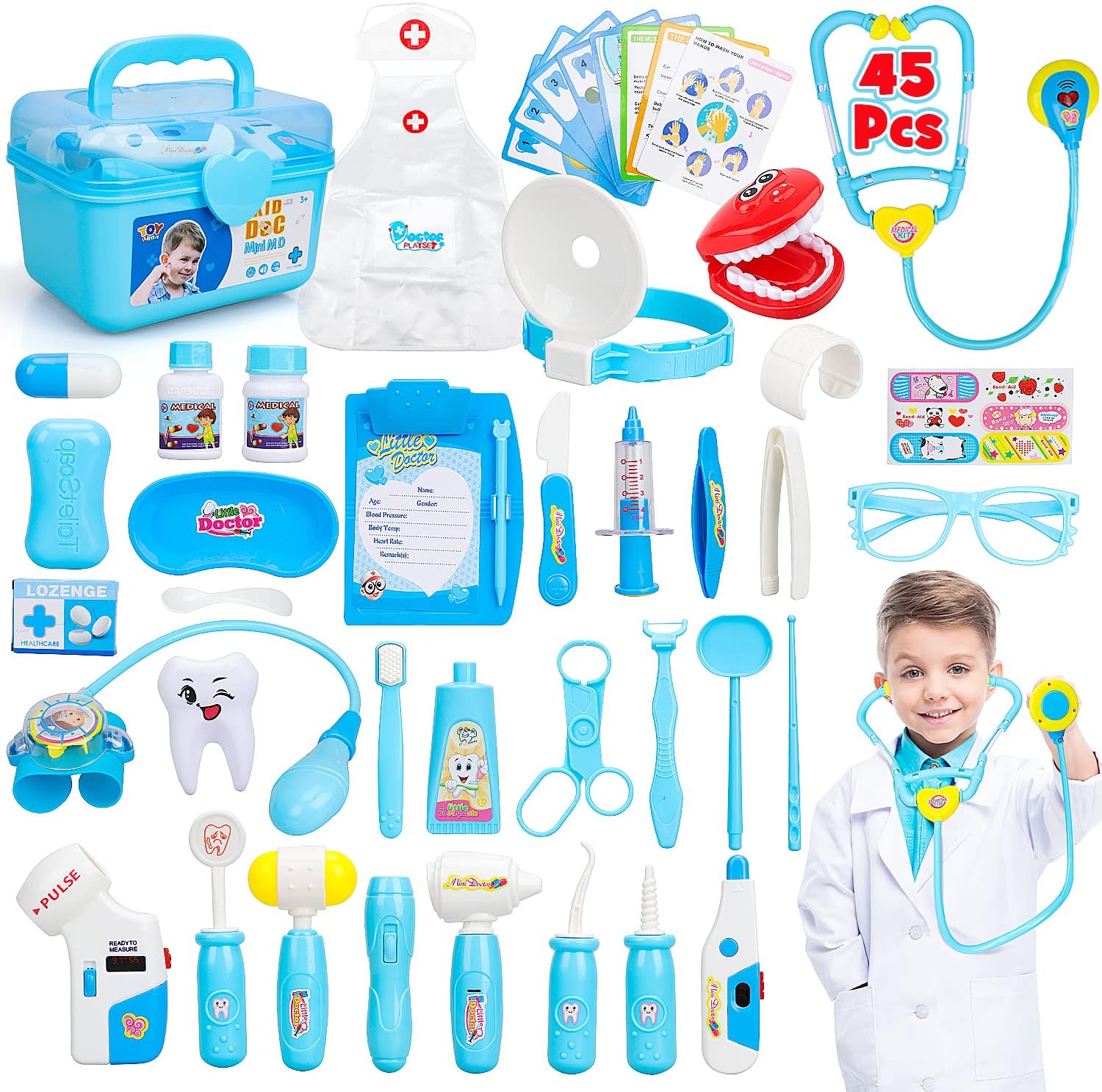 Doctor Kit for Kids Girls, 45 Pcs Doctor Kit for Toddlers 3-5 with Medical Storage Box & Stethoscope, Pretend Play Set for Fun Role Playing Game, Play for Kids Gift Boys Girls