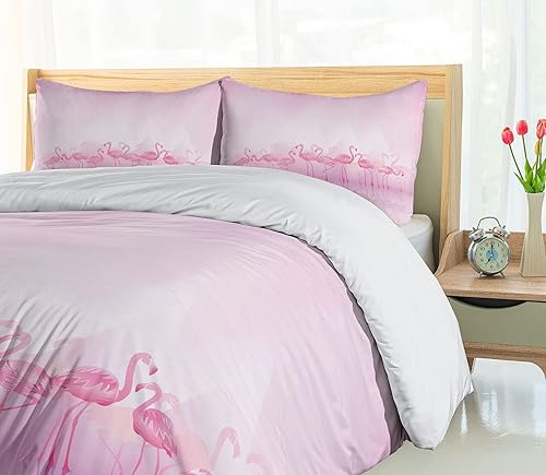 Miniatura 4 de Ambesonne Juego de funda de edredón de flamencos, bandada de flamencos caribeños sobre lago y pájaros, estampado abstracto de reflexión, juego de