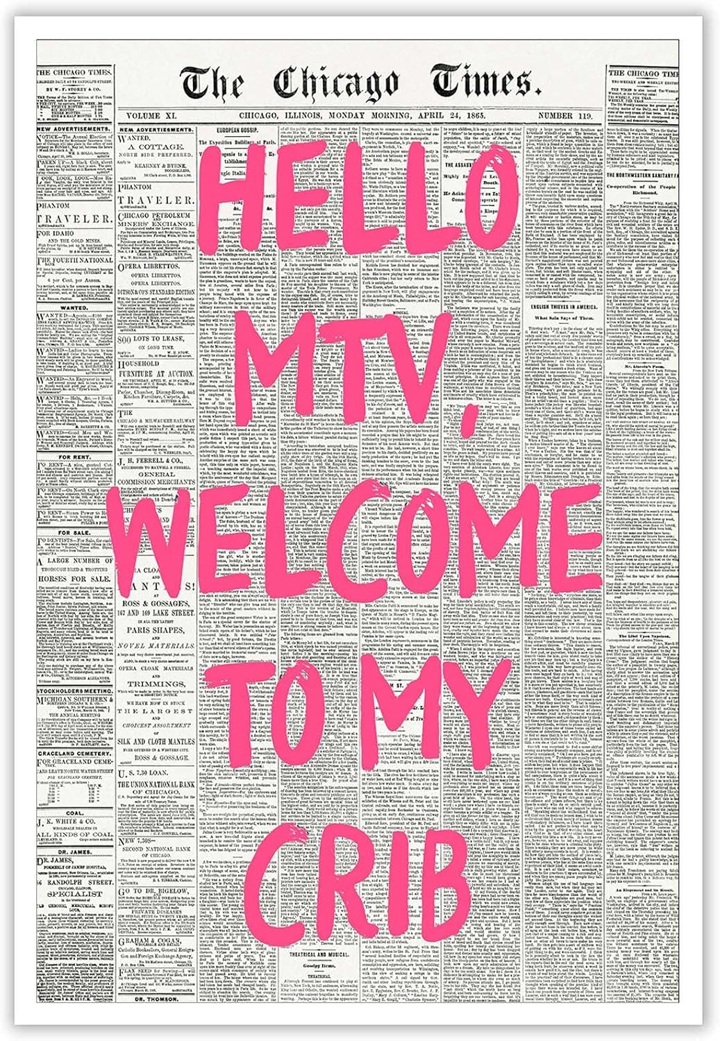 Retro Hello Mtv Welcome To My Crib Posters Pink Font Newspaper Canvas Wall Art Positive Affirming 70'S Room Aesthetic Prints Painting For Home Bedroom Dorm Wall Decor 24x36in Unframed