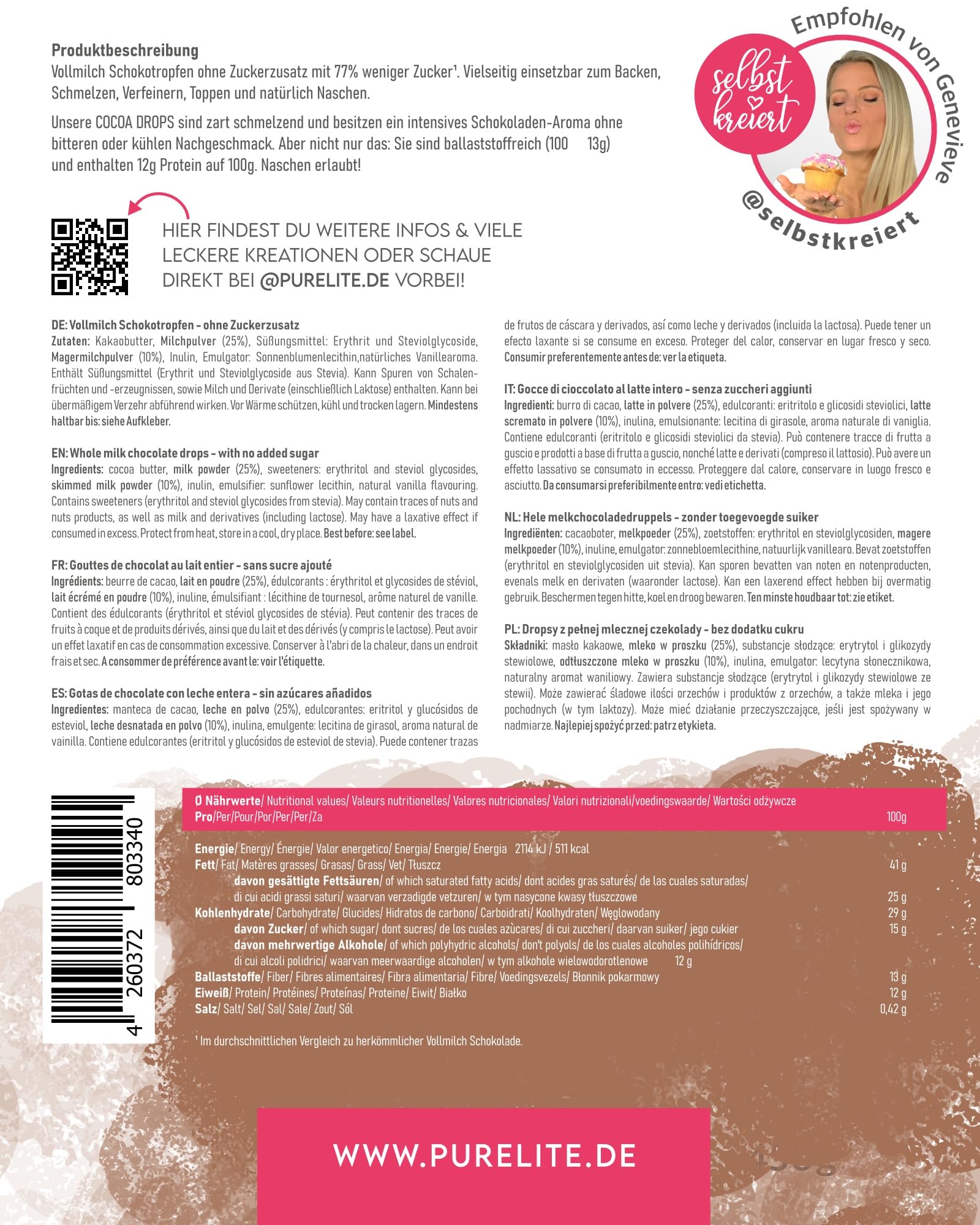 PURELITE Cocoa Drops chocolate con leche 450g sin azúcares añadidos eritritol stevia 77% menos azúcar