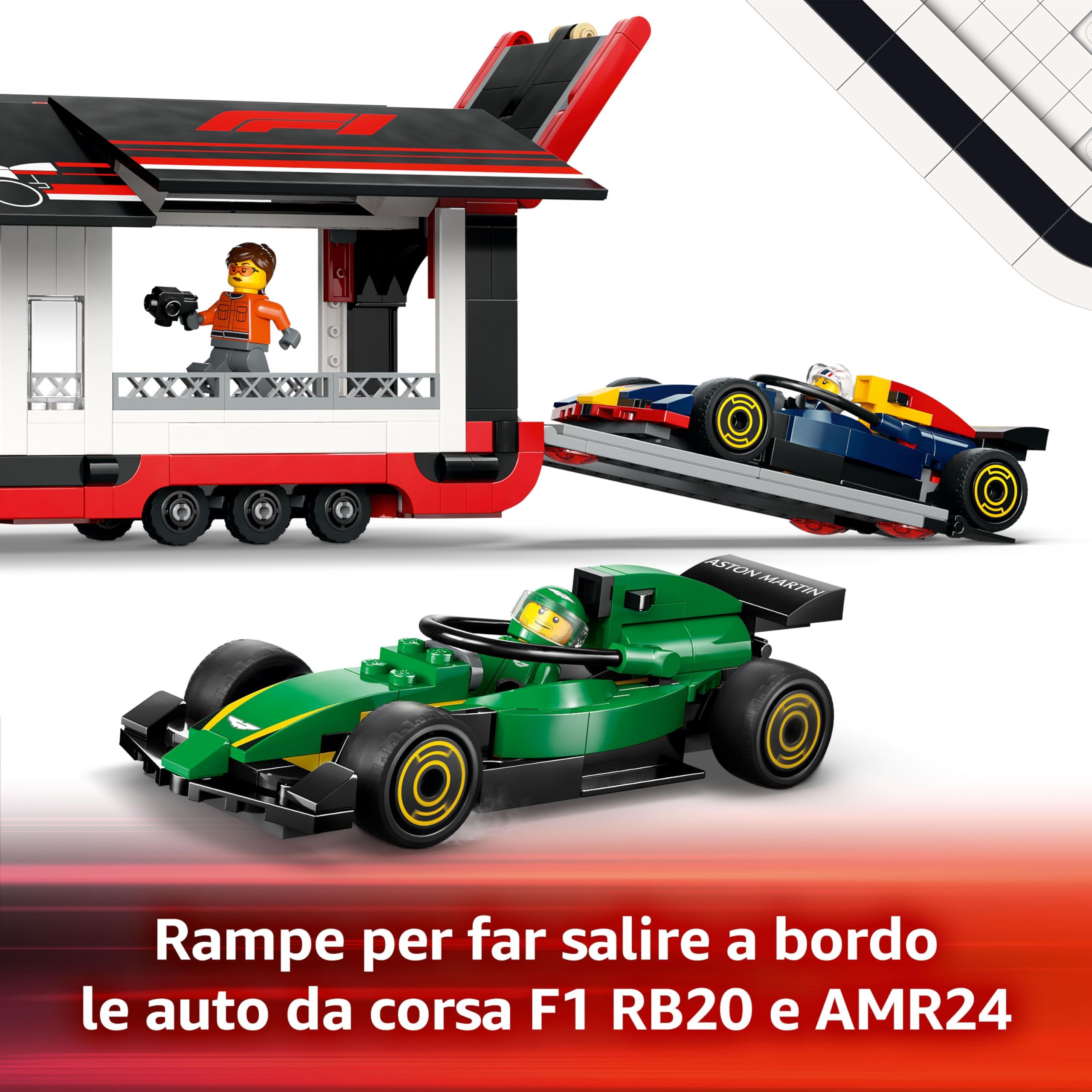 LEGO City Autotrasportatore F1 con Monoposto RB20 e AMR24 F1 - Camion Giocattolo da Costruire con 2 Modelli di Auto da Corsa dei team Red Bull e Aston Martin - Include 2 piloti e Simulatore 60445