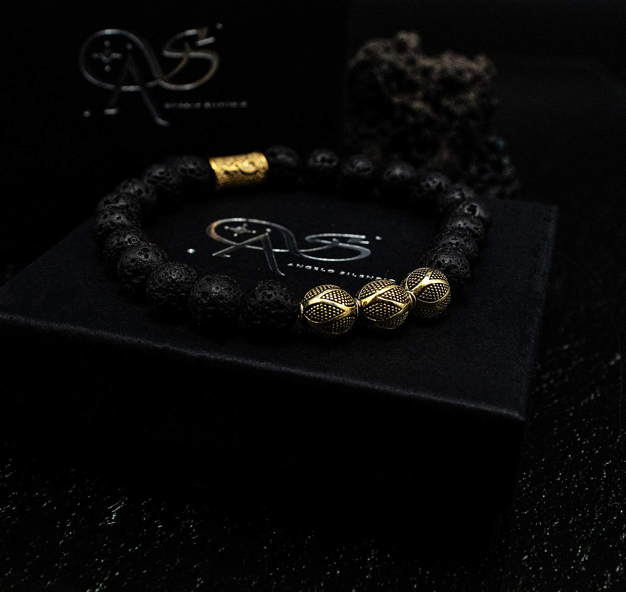 Lava 925 Sterling Silber Armband Bracelet Perlenarmband schwarz Beads Kugel 18k Gold 8mm