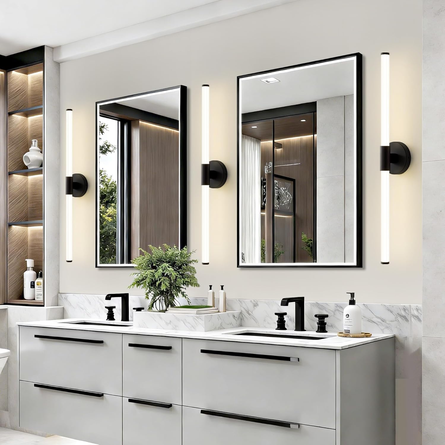 Dimmable LED Bathroom Vanity Lights 360° Full Lighting Bathroom Light Fixtures Over Mirror Vanity Light Bar Modern Wall Sconce 4000K Light for Bedroom Living Room Hardwired Black, 31 inch