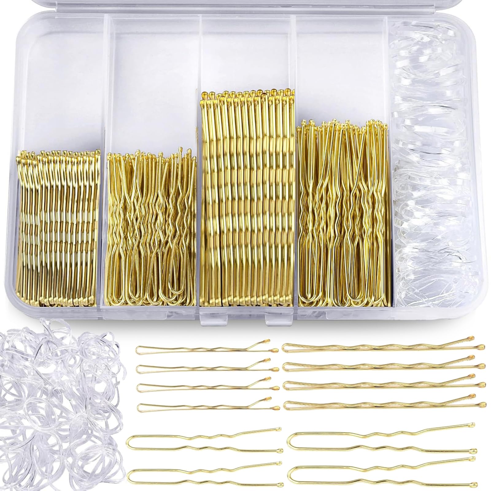 Aucuu 300 Pcs Bobby Pins Kit, Hair Pins for Women Hair Grips, 100 Gold Waved H-air P-ins (50pcs L+50pcs S)