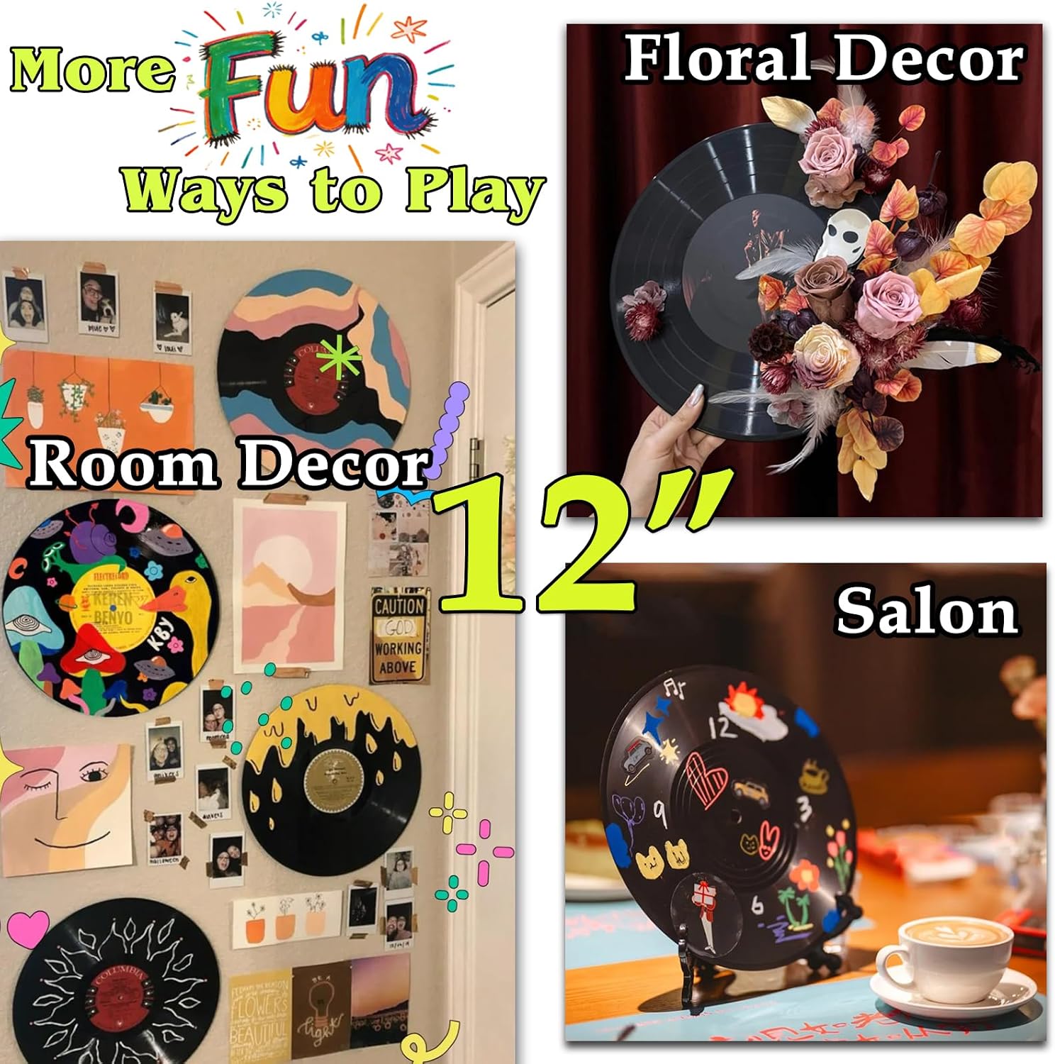 5 12 Inch & 10 7 Inch Vinyl Records Decor Set, Double-Sided Blank Records with 14 Pens, 30 Labels, Triple Display Methods, Popular Vinyl Records for Birthday Guestbook Party Decor