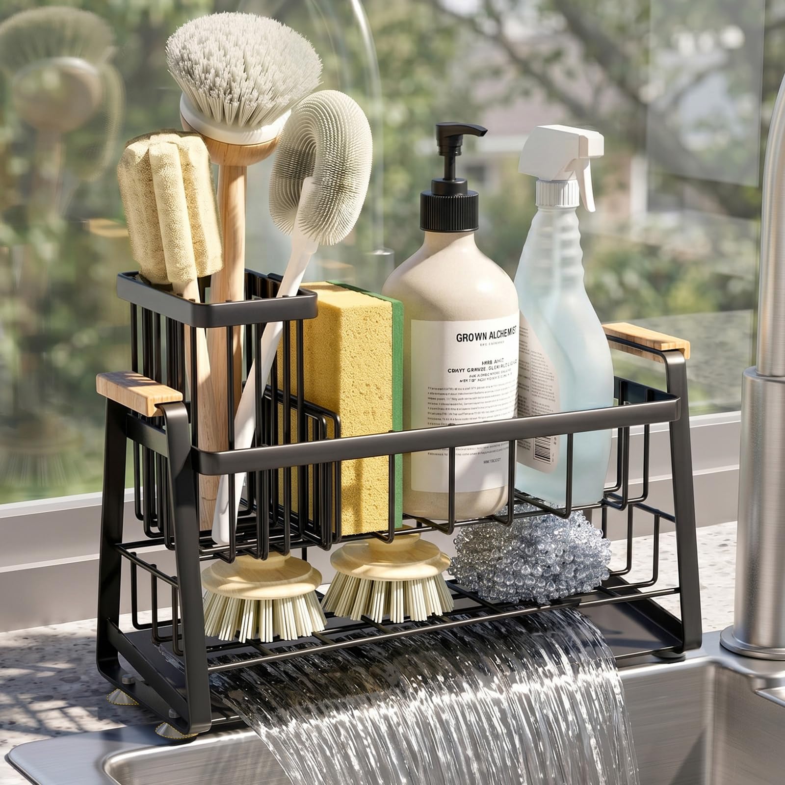 Housolution Portaspugna per Lavello Cucina, Organizer per Lavello 2 Livelli con Portaspazzole Alto e Flessibile, Accessori per Stoccaggio del Piano Cucina, Porta Dispensatore di Sapone, Antiruggine