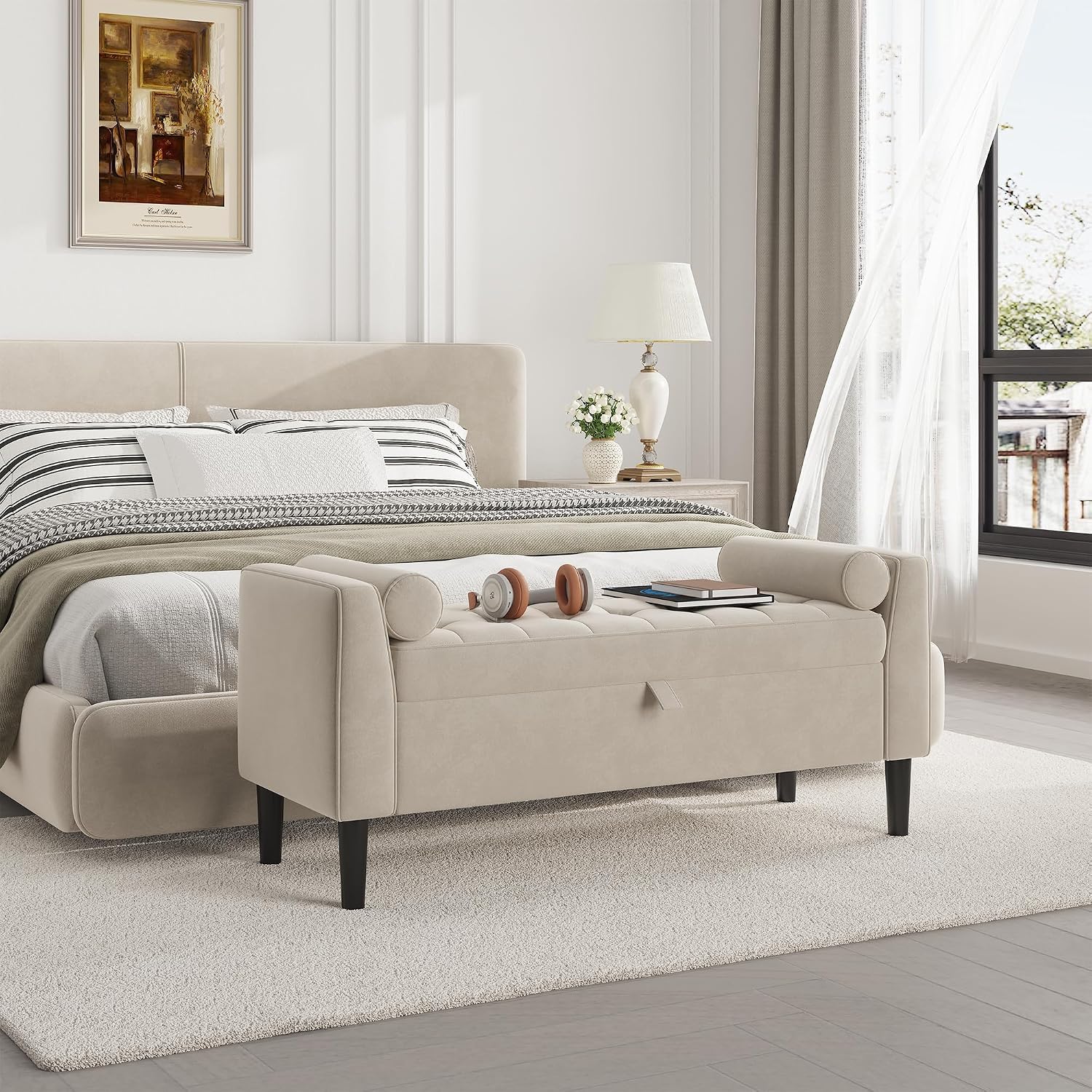 GarveeLife 46.5" Storage Bench for Entryway, Velvet Upholstered Storage Bench with Slanted Armrests, Modern Entryway Bench with Hidden Storage for Bedroom Living Room, Cream White