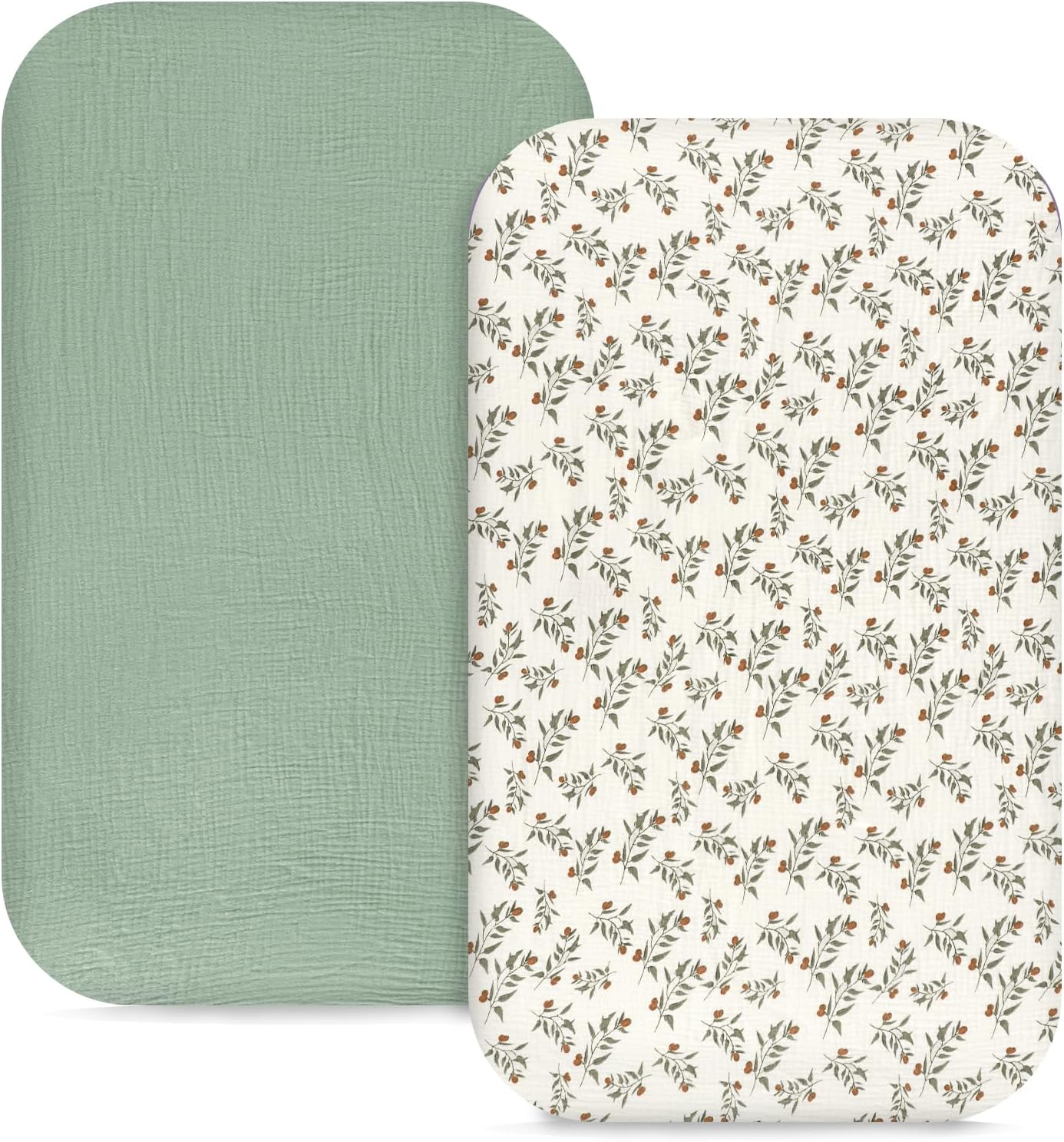 Hooyax Muslin Bassinet Sheets 2 Pack for Baby, Compatible with Bedside Sleeper Bassinet Fitted Sheets for Girls Boys, Ultra Soft and Skin-Friendly (Green, Leaf)