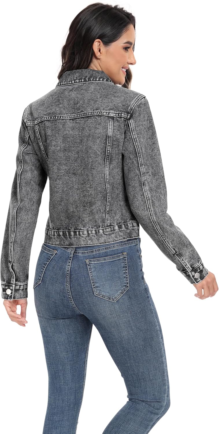 andy & natalie Women’s Denim Jackets Cropped Long Sleeve Basic Button Down Crop Jean Shacket with Pockets