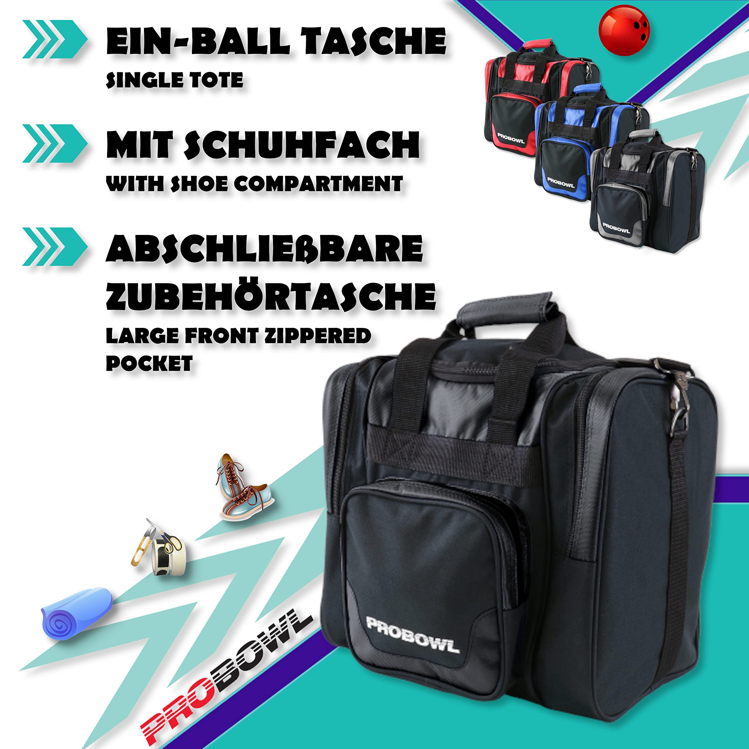 Sac Bowlingball,Pro Bowl Single Tote,Sac de bowling 1 balle avec compartiment à chaussures,Portable avec compartiments pour accessoires,Sac de bowling léger avec bandoulière,Noir/noir
