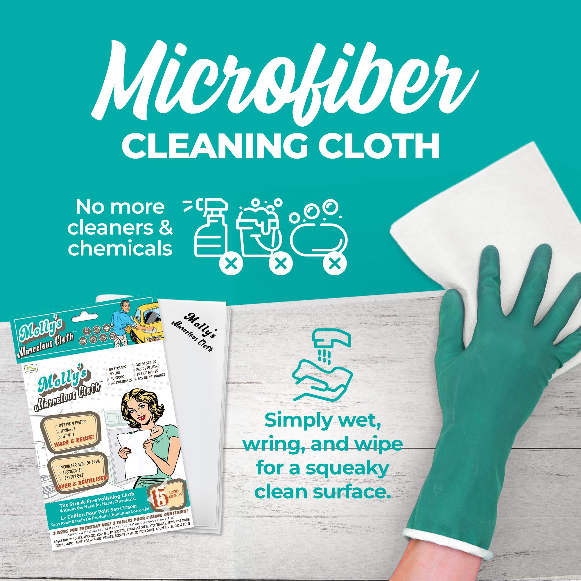 Molly's Marvelous Cloth - Paño de limpieza de microfibra sin rayas, sin pelusas, paño de pulido para vidrio, acero inoxidable, uso para cocina, baño, coches, detalles, reutilizable (15.75 x 16