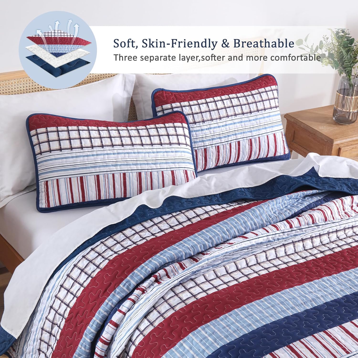 DJY Striped Quilt Set King Size, Red Blue Boho Striped Bedspread Coverlet Set 3 Pieces Lightweight Soft Microfiber Patchwork Quilt Bedding Set for All Season (104"x90") - Image 5
