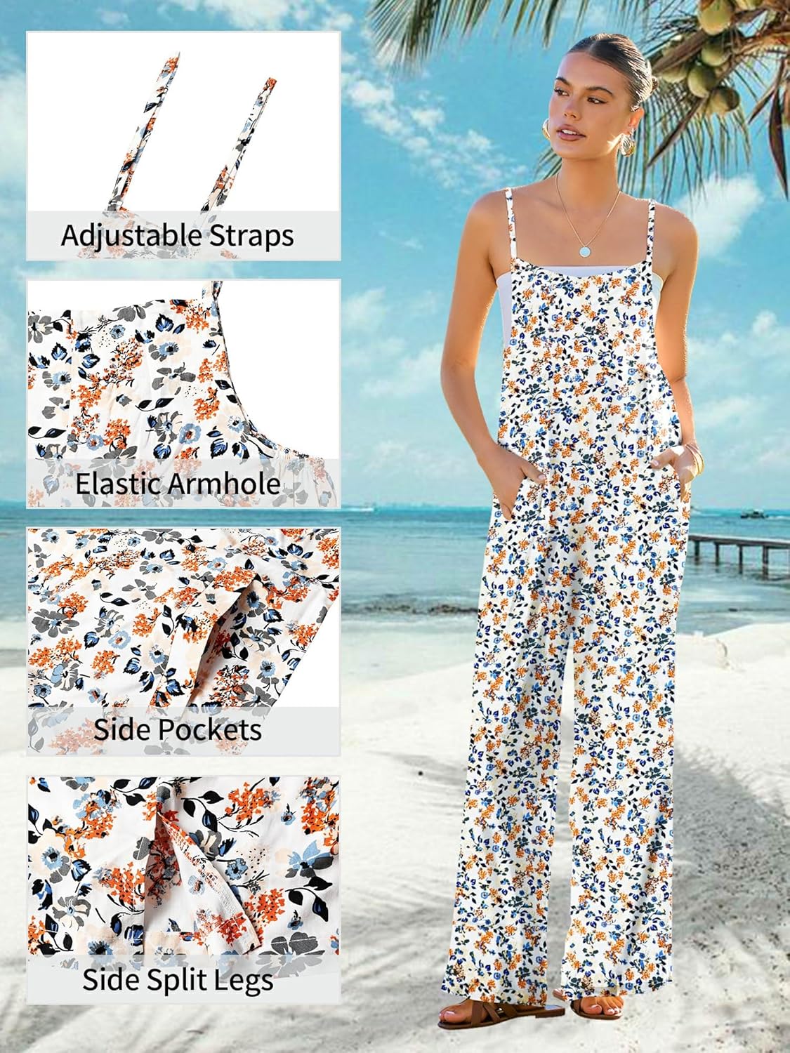 ATOG Women's Summer Jumpsuits Boho Wide Leg Overalls Casual Floral Print Rompers Beach Outfits with Pockets - Image 6