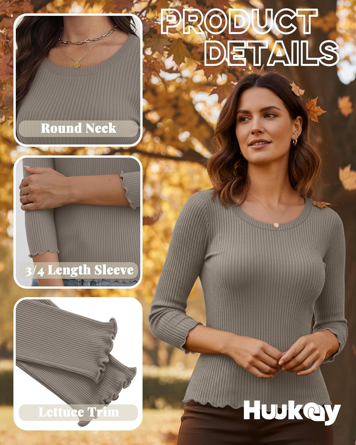 Huukeay 3 Pack Women’s 3/4 Sleeve Tops, Ribbed Knit Cotton Slim Fitted Crew Neck Shirts Stretchy Casual Basic Tight Top - Image 5