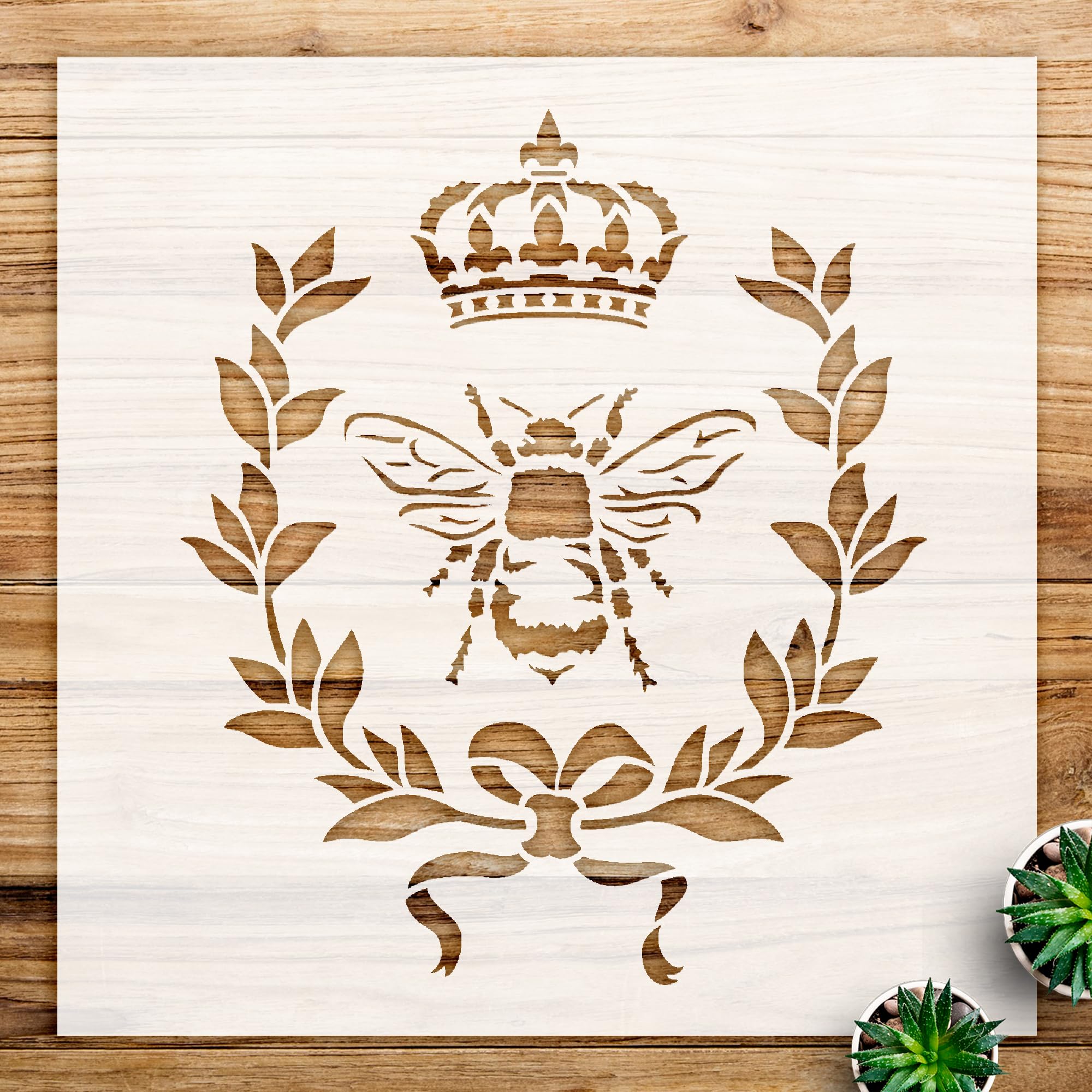 Bee Stencil Pattern for Home Decor and Crafts, Reusable Mylar Template, Crown Laurel Wreath Design, Ideal for Shabby Chic and Country Style Projects - Size A1 (23.4