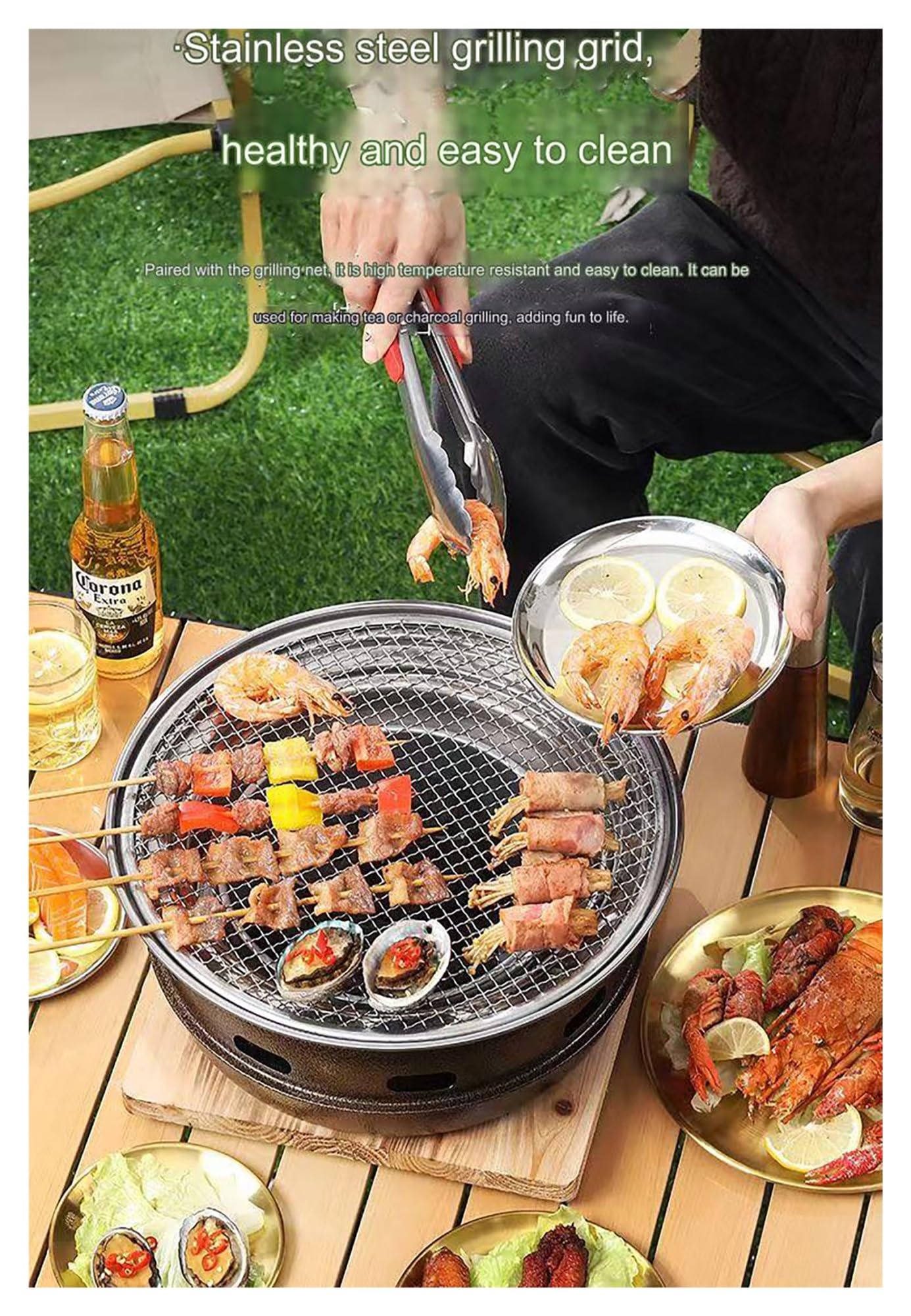 Griglia A Carbone In Acciaio Inossidabile Per La Casa, Barbecue Da Campeggio All'aperto, Commerciale, Rotondo, Senza Fumo, Barbecue A Carbone Per Feste(Size:L)