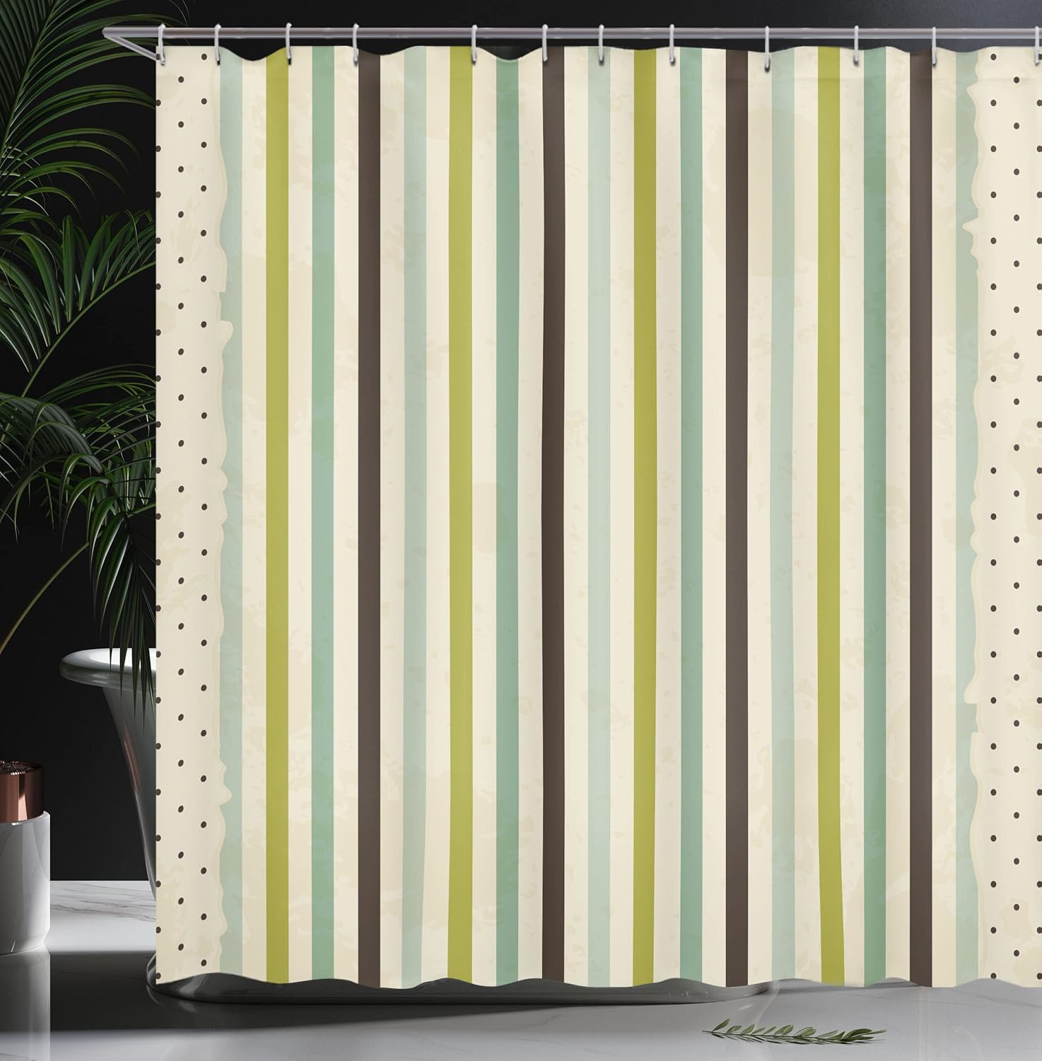 Ambesonne Retro Shower Curtain, A Vintage Toned Polka Dots and Vertical Bands with Abstract Style of a Display Geometric Work of Art, Cloth Fabric Bathroom Set with Hooks, 69" W x 70" L, Olive Green