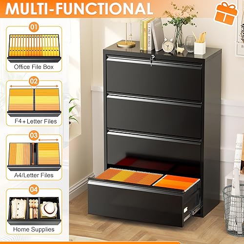 Miniatura 17 de INTERGREAT Archivador lateral de 4 cajones, archivador lateral blanco con cerradura, archivadores horizontales de acero metálico para oficina