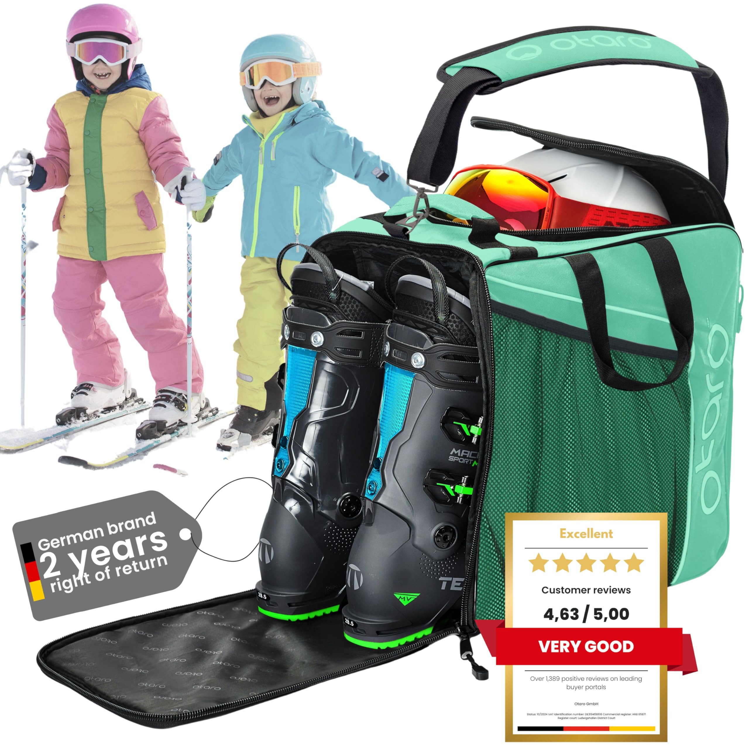 Otaro Sac à Chaussures de Ski pour Enfants avec Compartiment pour Casque (Enfants | 27 L | Vert) Sac de Ski Premium pour Chaussures