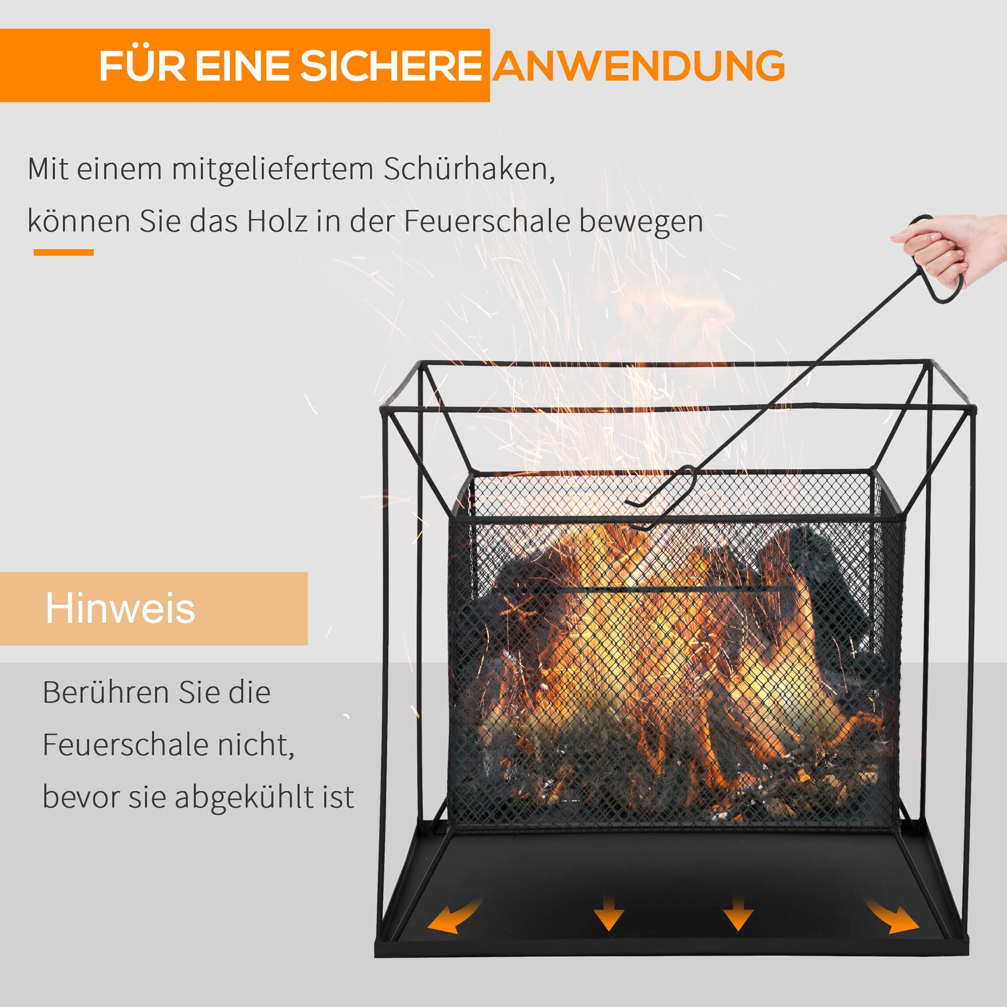 Outsunny Feuerschale Modern Feuerkorb Metall 45 x 45 x 43 cm Schwarz | Rechteckig, Feuerstelle, für Garten, Camping, BBQ